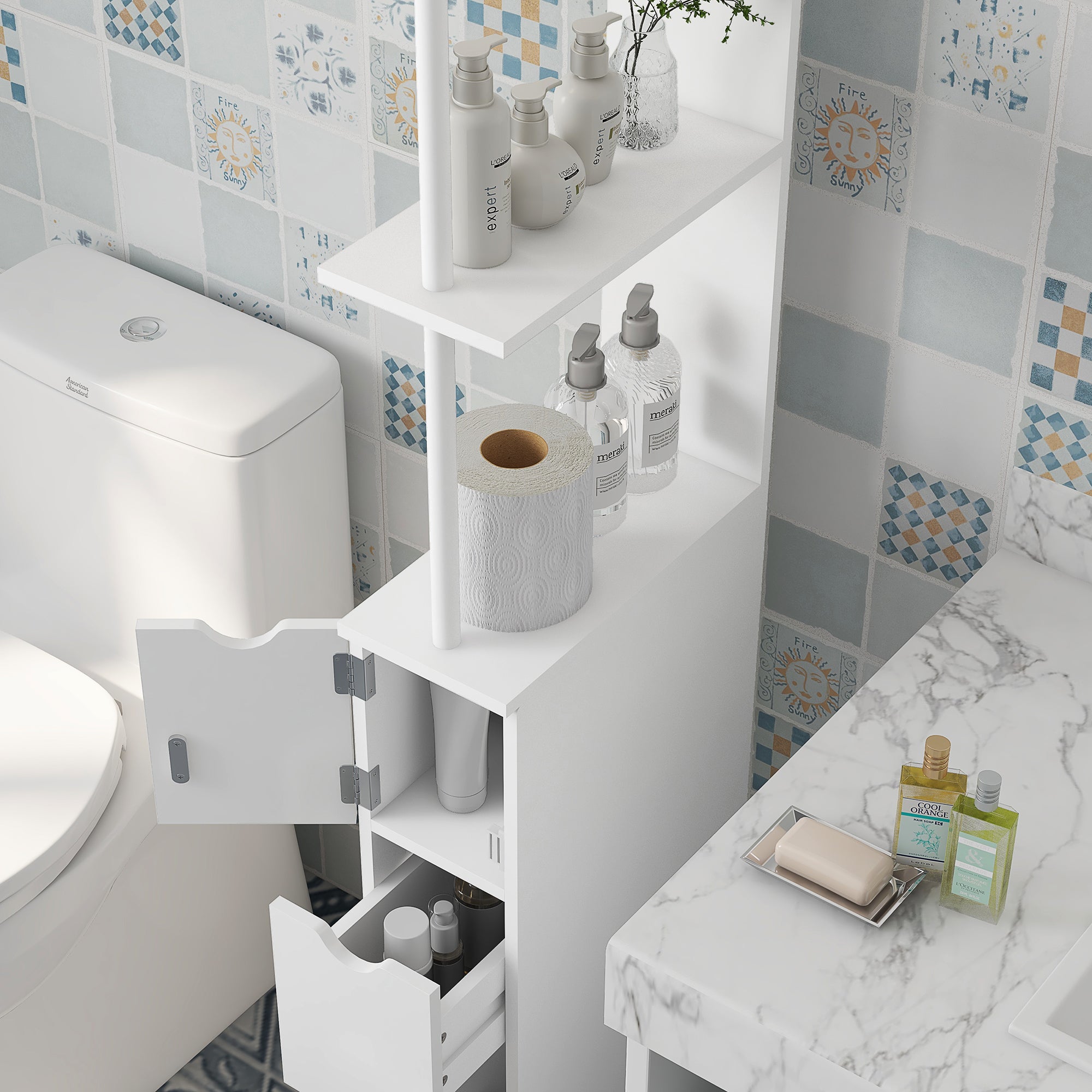 kleankin Slim Bathroom Storage Cabinet with Drawers, Tall Bathroom Cupboard with 2-Tier Shelf, White - North Peak Garden Furniture