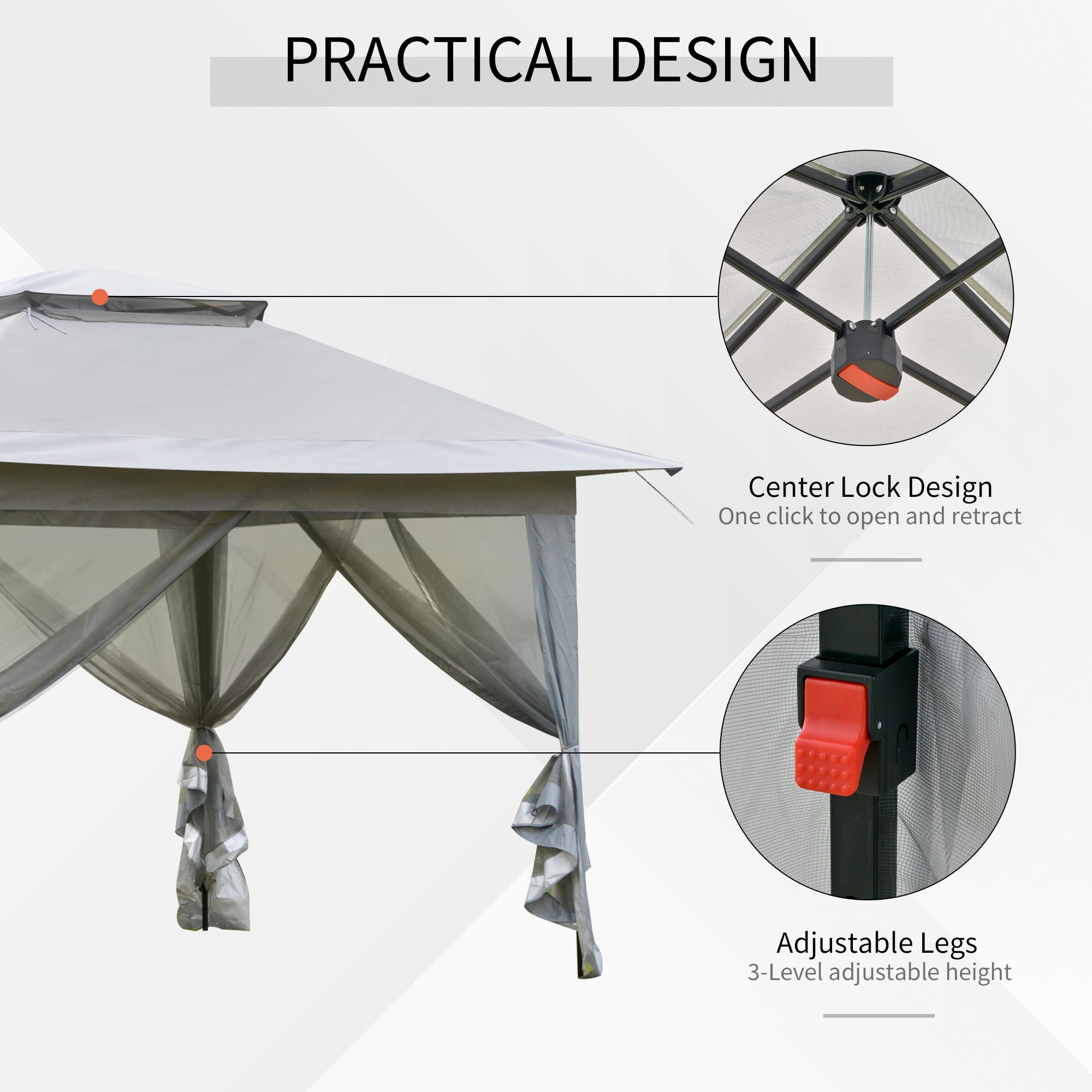 Outsunny 3.6 x 3.6 m Pop up Gazebo with Netting and Carry Bag, Height Adjustable Party Tent Instant Canopy Sun Shade Shelter, Grey - North Peak Garden Furniture