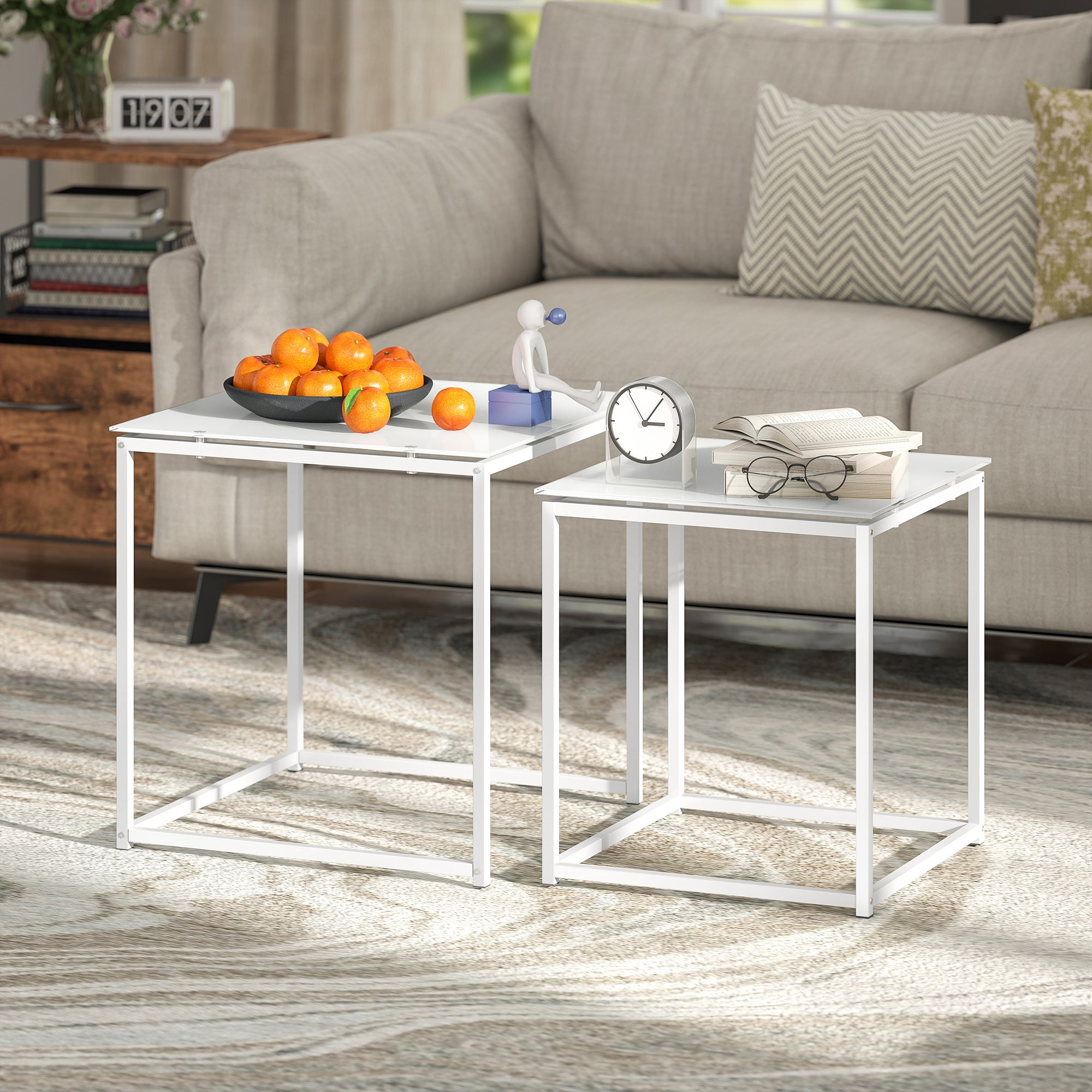 HOMCOM Nest of Tables, Set of 2 Coffee Table, Side Tables with Tempered Glass Desktop and Metal Frame for Living Room, Bedroom, Office, White - North Peak Garden Furniture