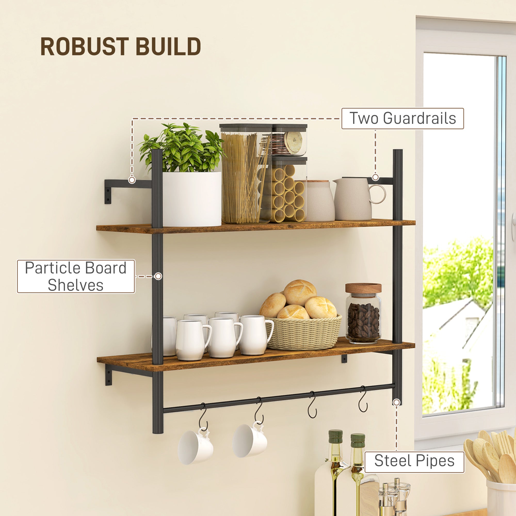HOMCOM Wall Mounted Floating Shelves with 4 Hooks, Rustic Wall Shelf Unit for Living Room, Entryway, Rustic Brown - North Peak Garden Furniture