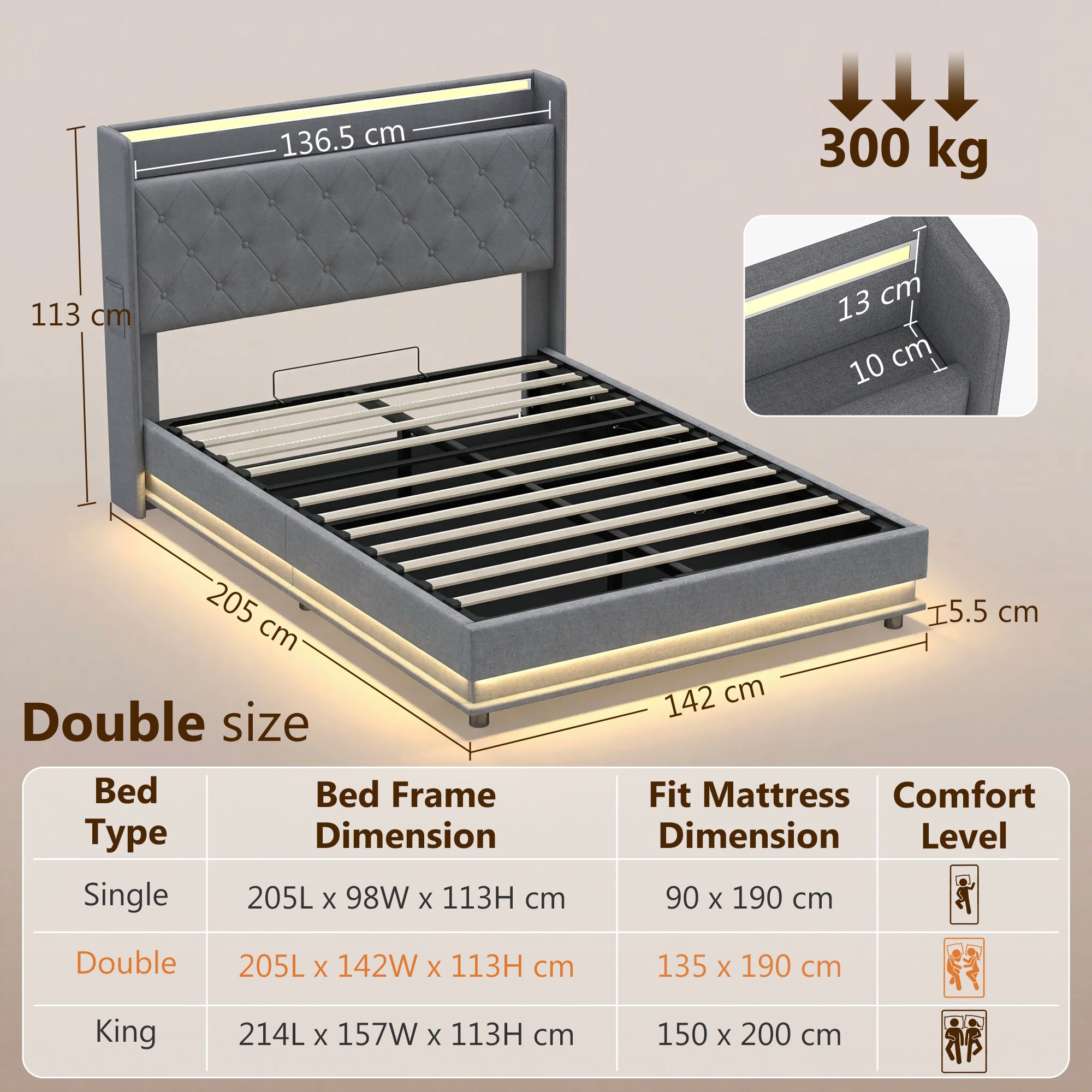 HOMCOM 4ft6 Double Bed Frame with Headboard, Platform Bed Frame with Hydraulic Storage, LED Lights and Charging Station, Grey
