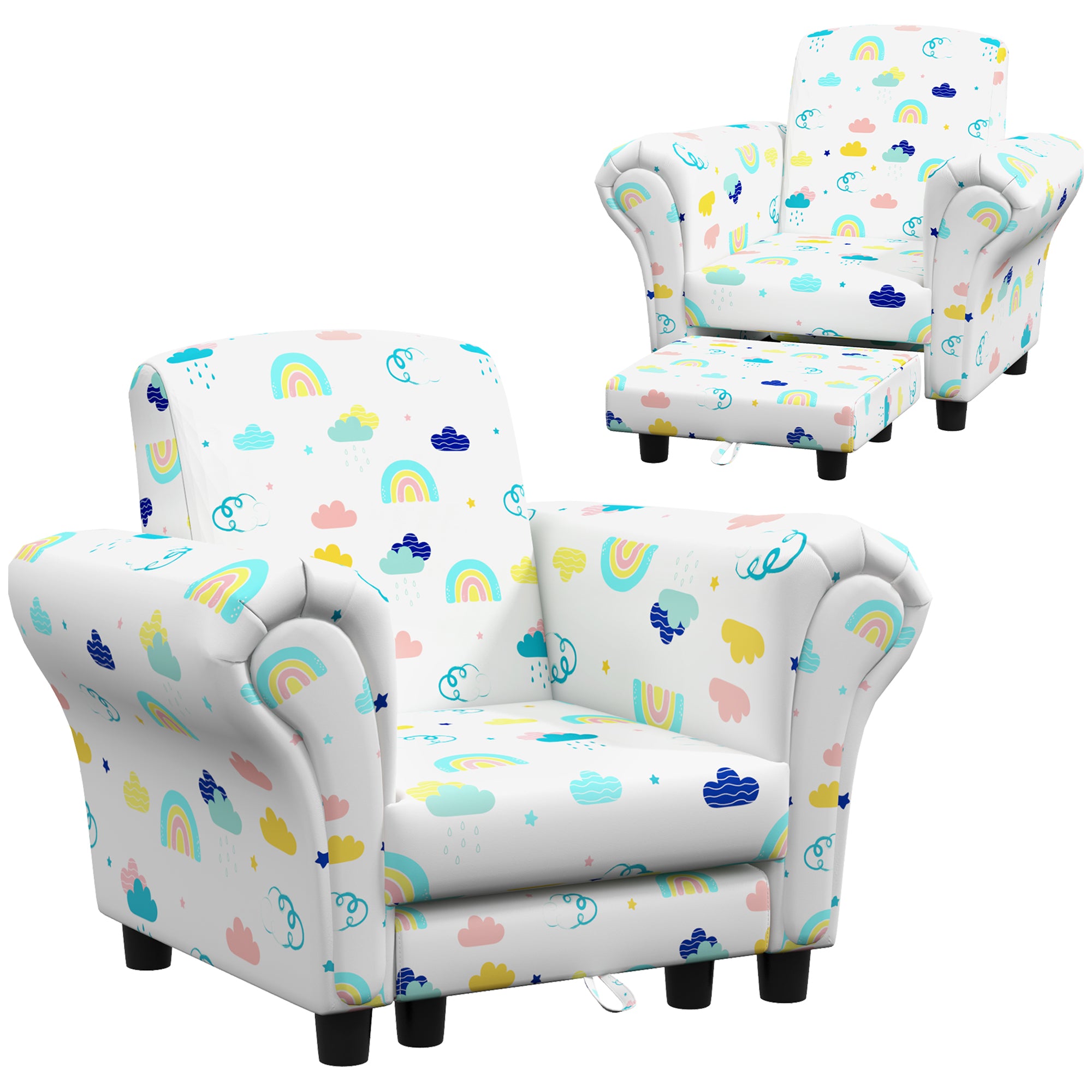 AIYAPLAY 2 Piece Kids Sofa Set with Cloud Design, Wooden Frame, for 1.5-3 Years Old, White - North Peak Garden Furniture
