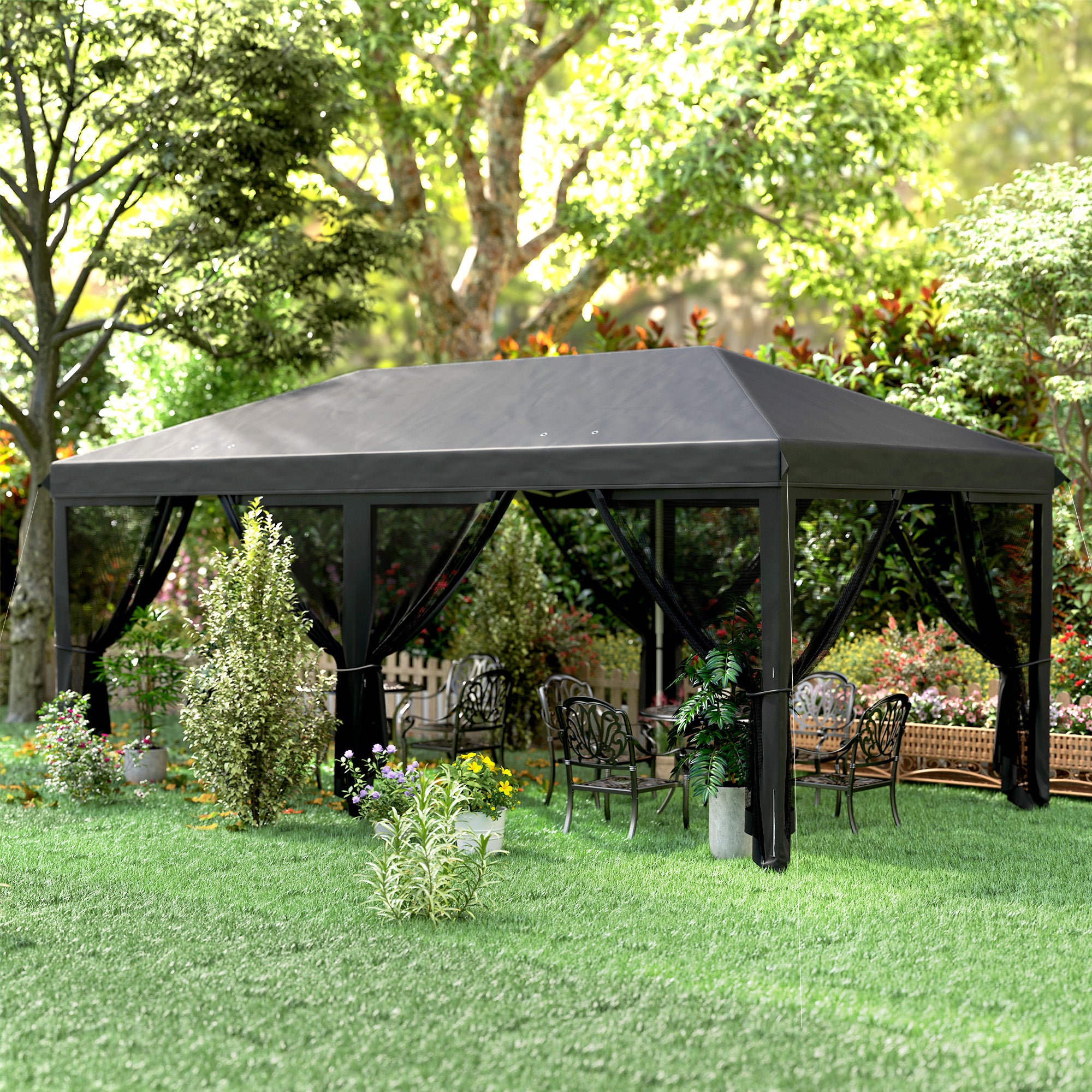 Outsunny 3 x 6m Pop Up Gazebo, Outdoor Canopy Shelter, Marquee Party Wedding Tent with 6 Mesh Walls and Carry Bag, Black - North Peak Garden Furniture