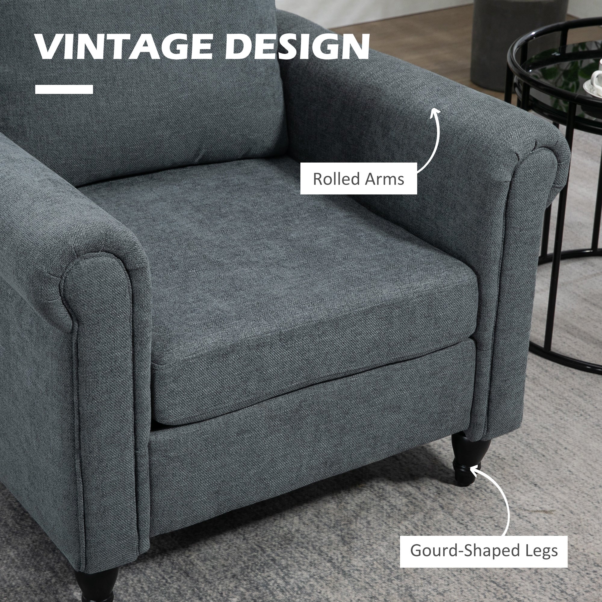 HOMCOM Vintage Accent Chair, Upholstered Occasional Chair with Back Pillow, Rolled Arms, Rubber Wood Legs, Grey - North Peak Garden Furniture