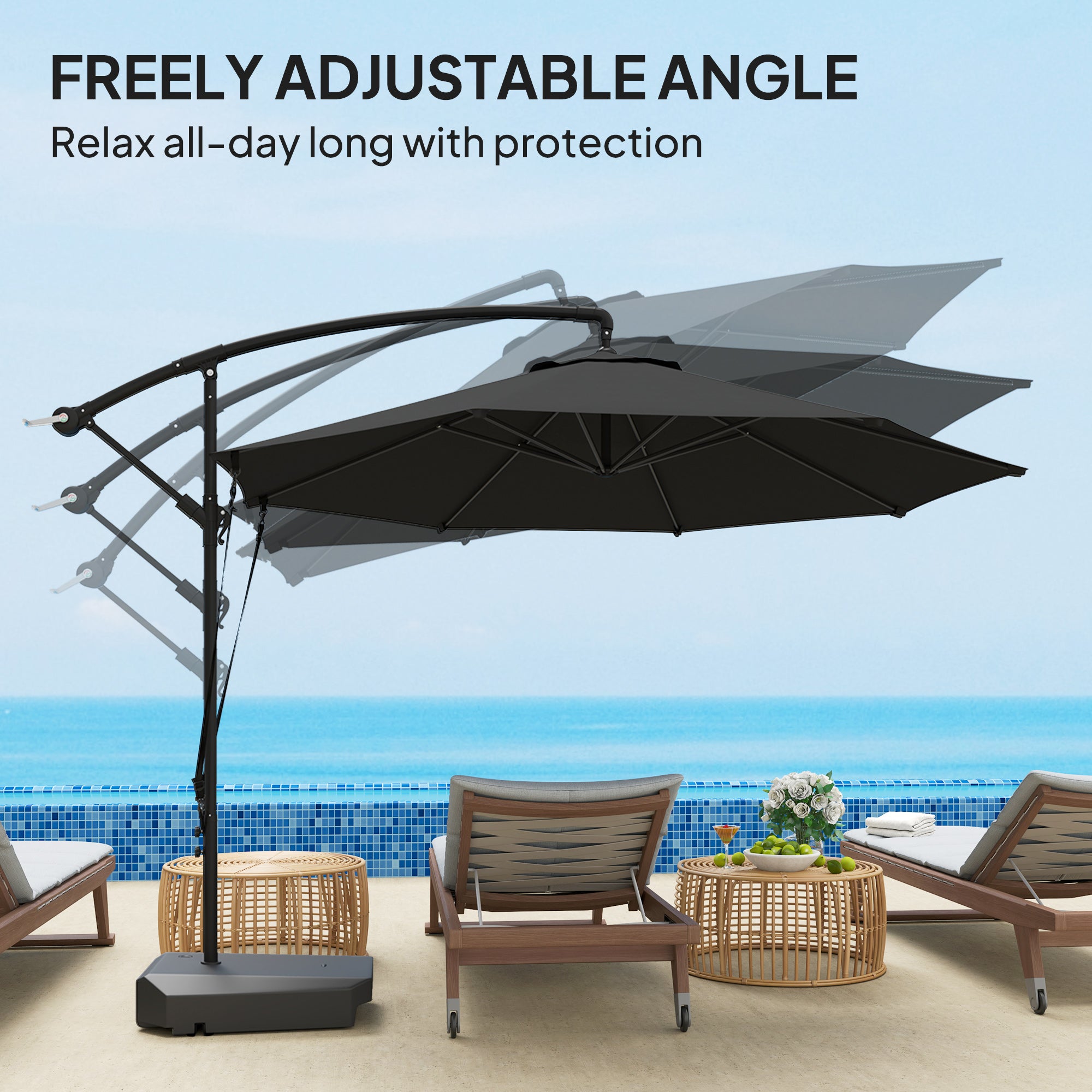 Outsunny 3(m) Garden Cantilever Parasol with Fillable Base up to 90kg, Wind Protection Strap, Cover, Round Banana Hanging Umbrella with Crank Handle and Tilt, UPF50+ Patio Umbrella, Grey