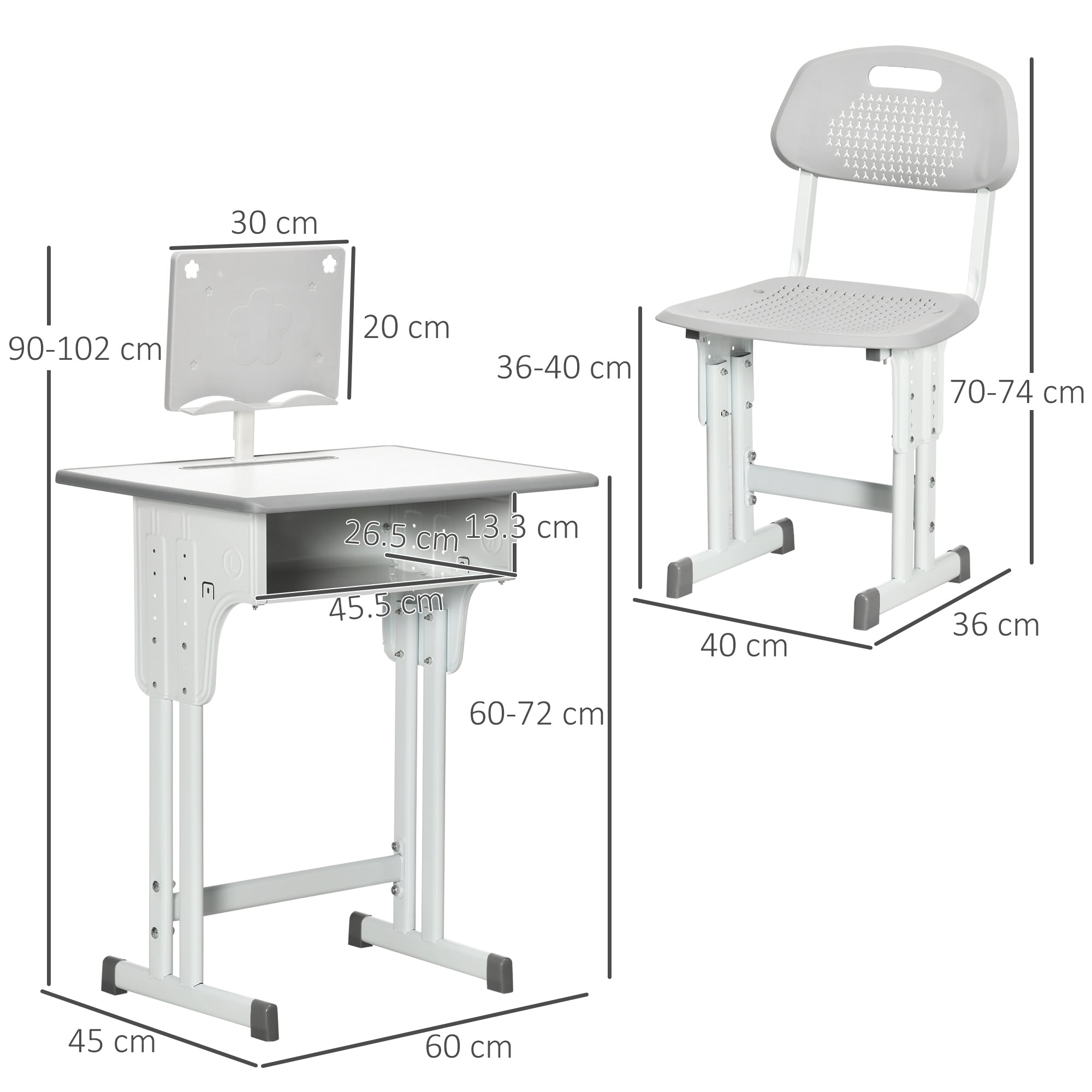 HOMCOM Kids Adjustable Desk and Chair Set, Book Stand, Pen Slot - Grey