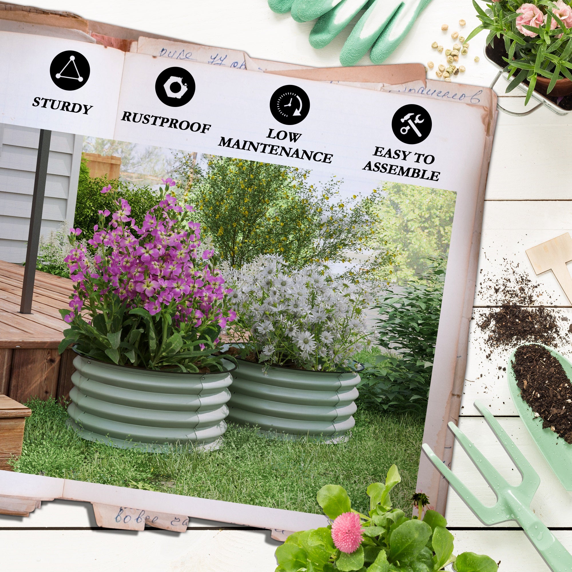 Outsunny Set of 2 Raised Garden Bed, Metal Planter Box with Safety Edging, Easy-to-assemble Stock Tank, Green - North Peak Garden Furniture