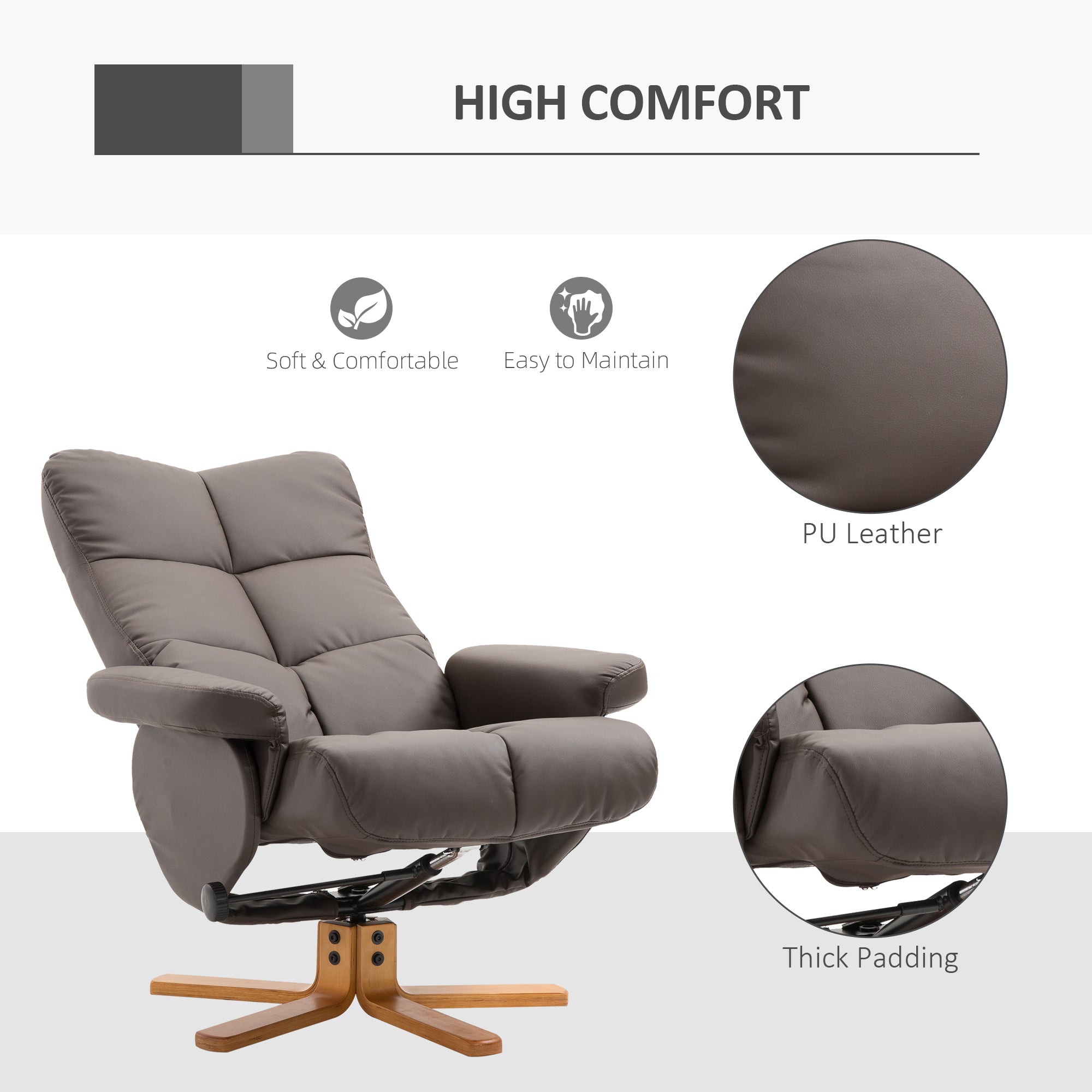 HOMCOM Recliner Armchair, Swivel Reclining Chair With Ottoman, Swivel Faux Leather Chair with Wooden Base and Storage Footstool for Living Room, Brown - North Peak Garden Furniture