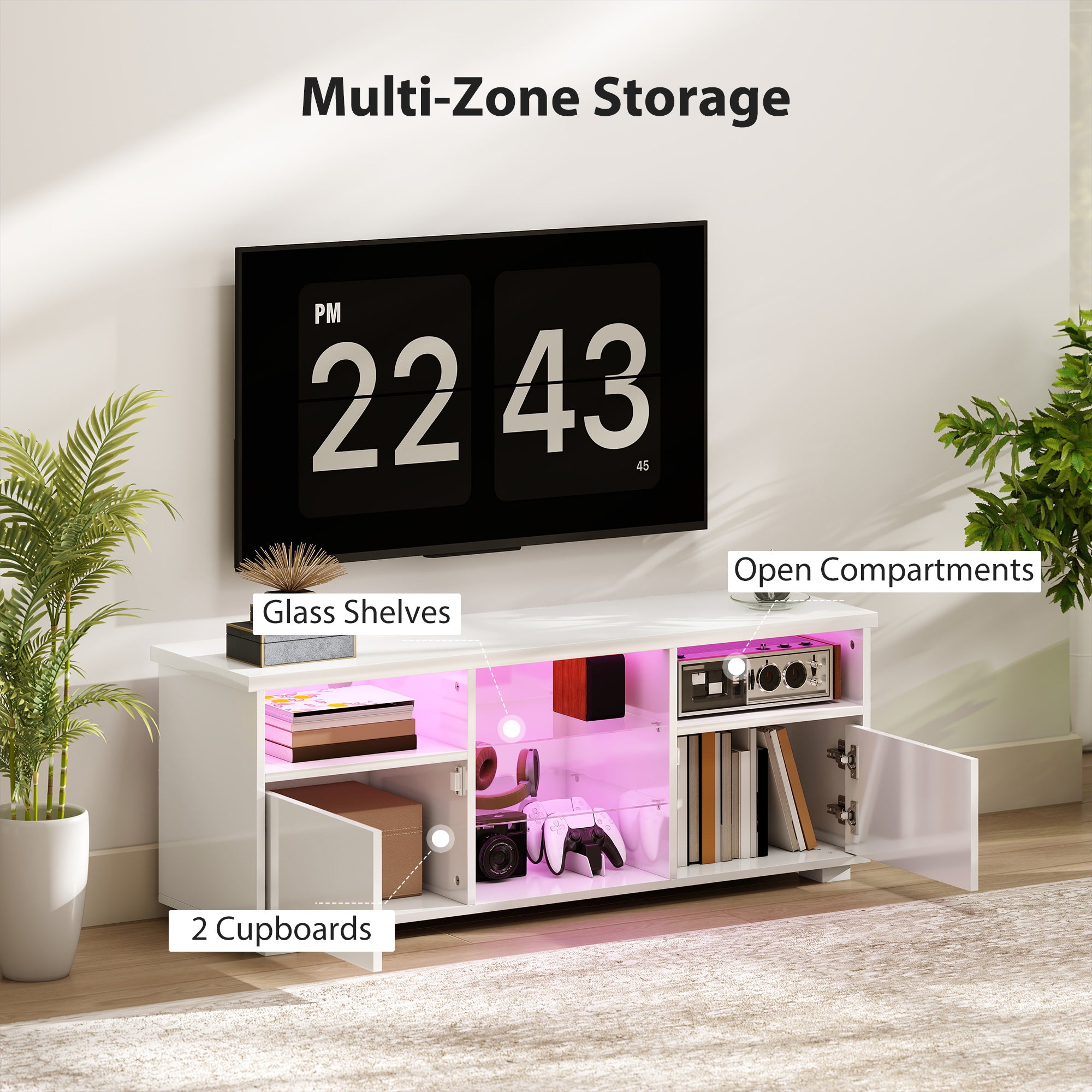 HOMCOM TV Stand Cabinet with LED Lights - High Gloss White
