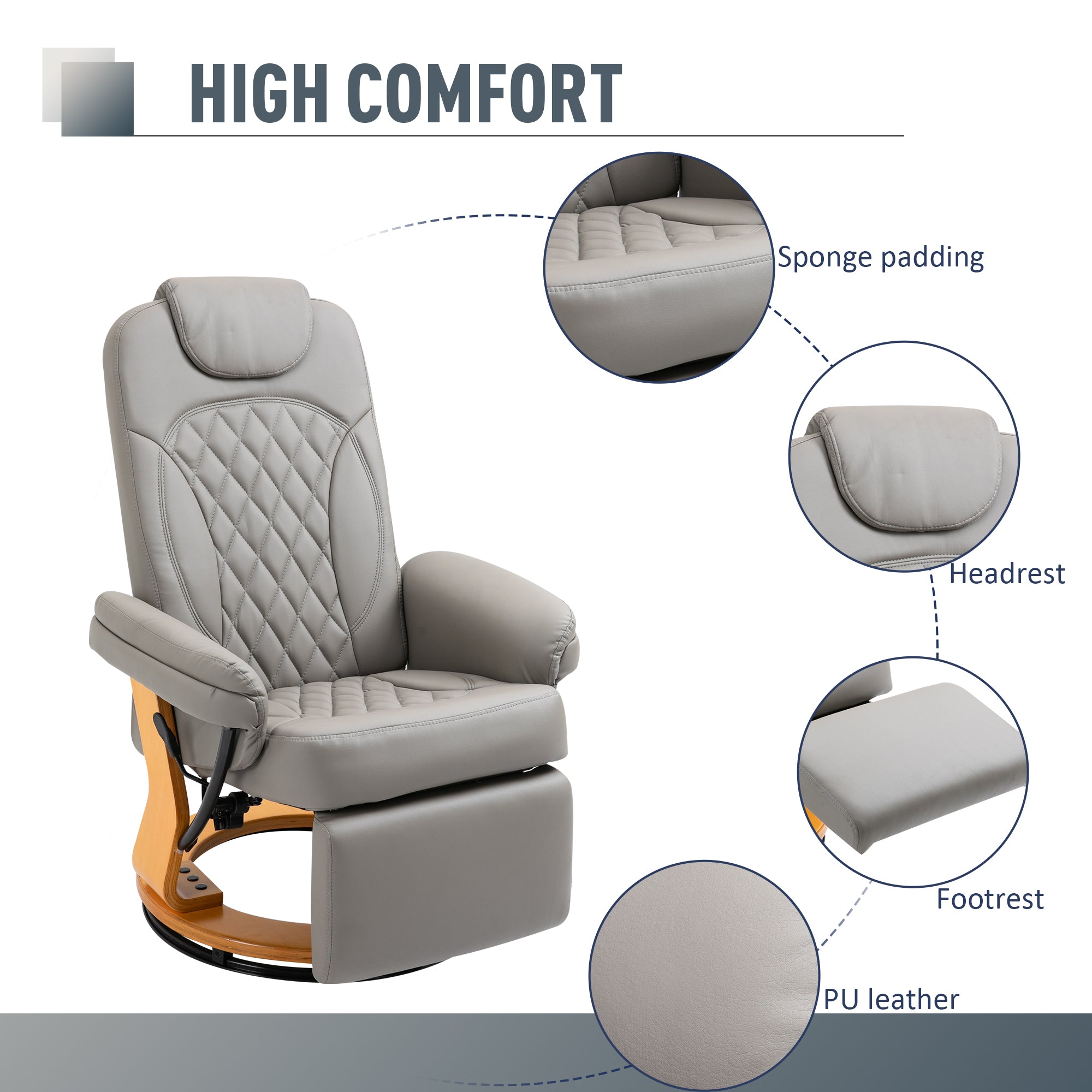 HOMCOM PU Recliner Chair with Footrest, Headrest, Round Wooden Base, Lounge Reading Armchair for Living Room, Bedroom and Office, Grey - North Peak Garden Furniture