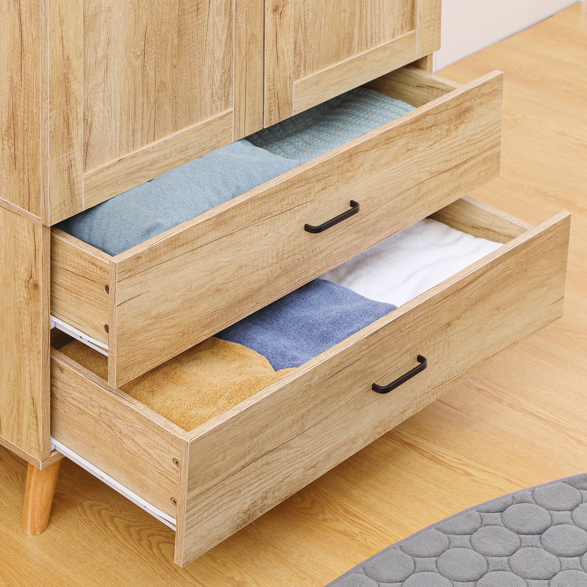 HOMCOM 2 Door Wardrobe, Modern Wardrobe with 2 Drawer and Hanging Rail for Bedroom, Natural - North Peak Garden Furniture