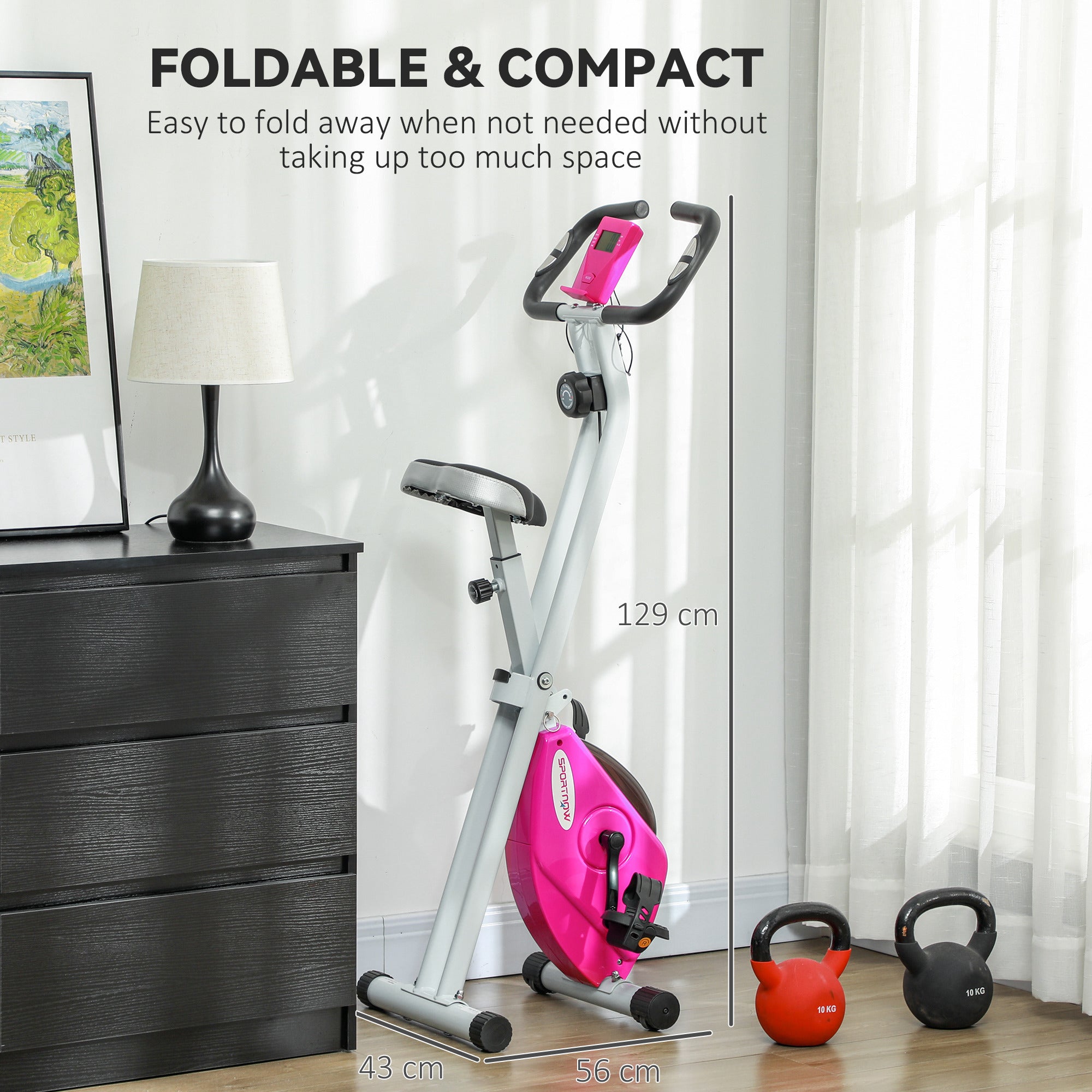 SPORTNOW Folding and Quiet Exercise Bike with 8-Level Magnetic Resistance and Heart Rate Sensor, for Home Gym, Pink and White - North Peak Garden Furniture