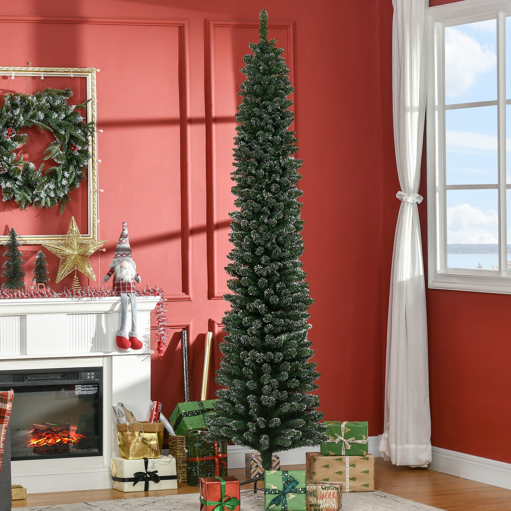 HOMCOM 7.5FT Artificial Snow Dipped Christmas Tree Xmas Pencil Tree Holiday Home Indoor Decoration with Foldable Black Stand, Green - North Peak Garden Furniture