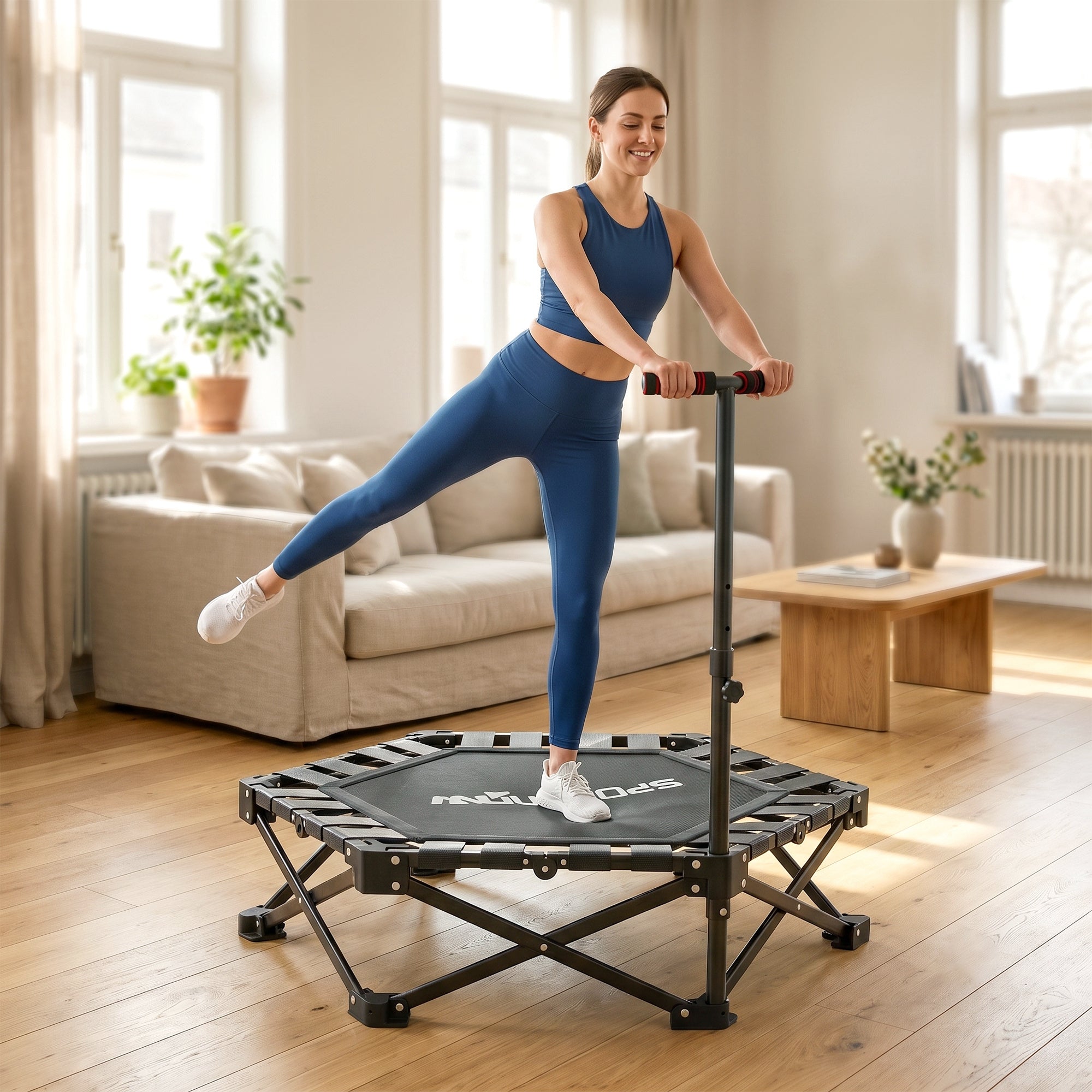 SPORTNOW 42" Foldable Mini Trampoline, One-Step Fold & Open, Rebounder Trampoline with 3-Level Adjustable Handle for Adults