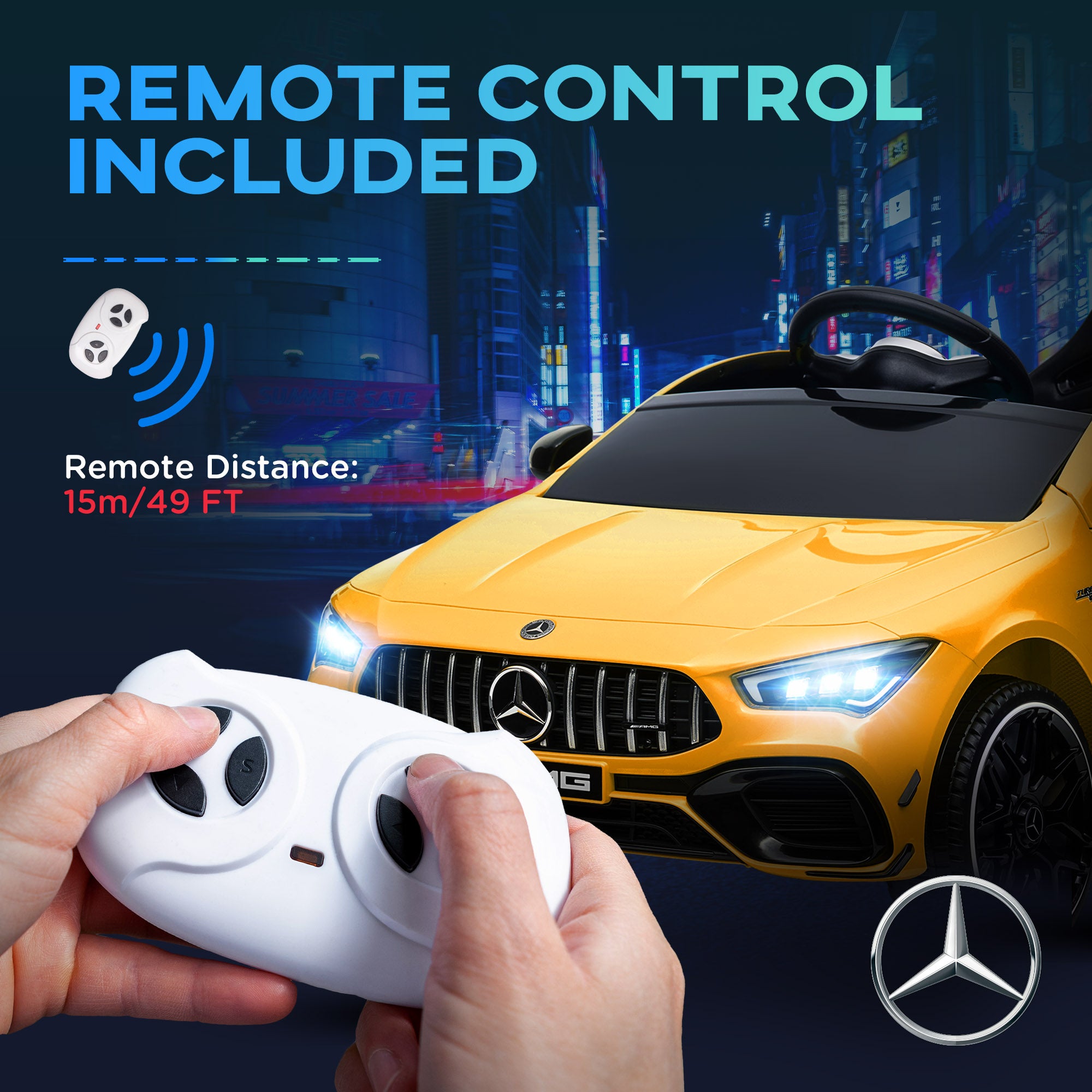 AIYAPLAY Mercedes-AMG CLA 45 Licensed 12V Kids Electric Car Ride on Car w/ Remote, Suspension Lights Music Horn - Yellow - North Peak Garden Furniture