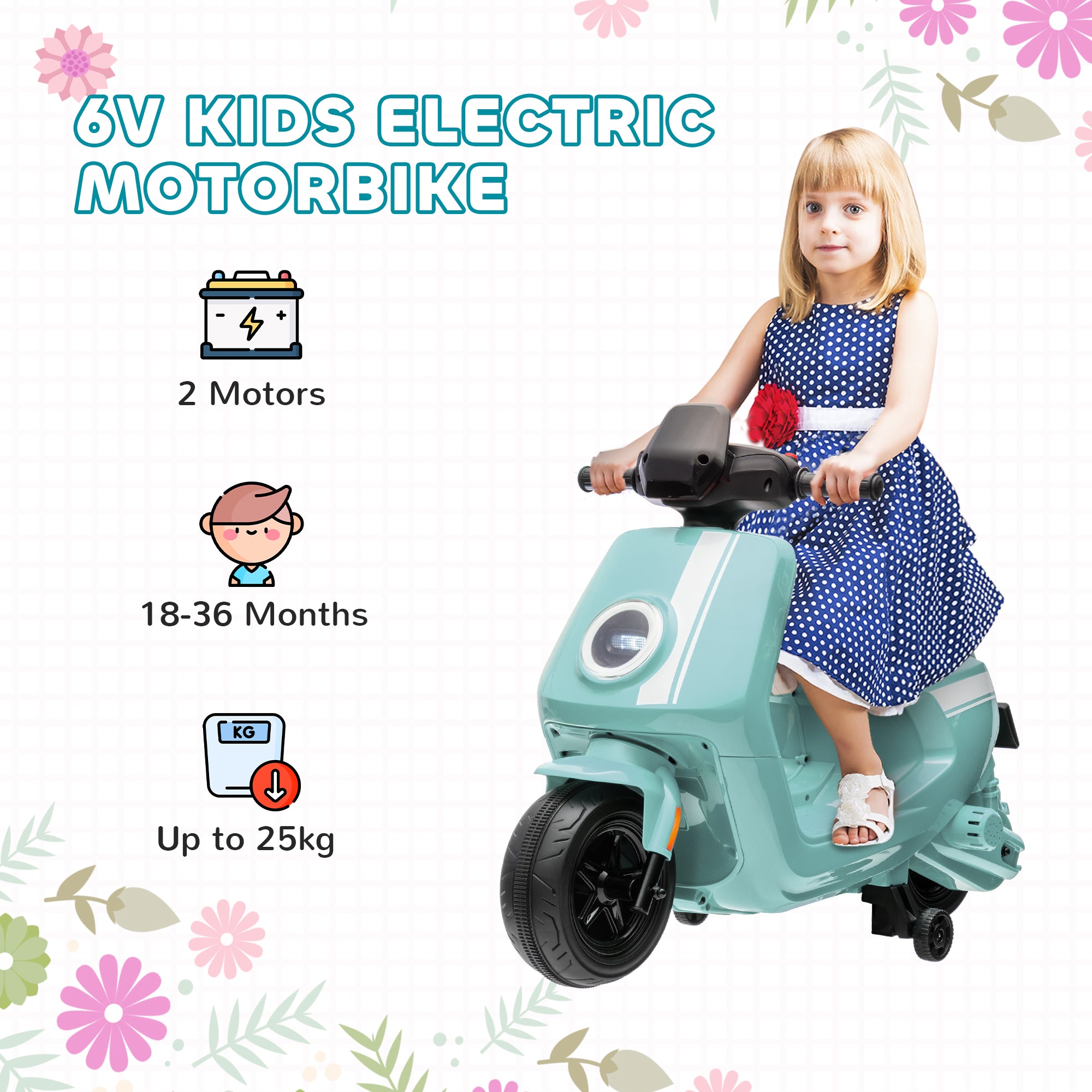 AIYAPLAY 6V Ride on Motorbike Kids Electric Motorbike w/ Headlight Music, Training Wheels, for Ages 18-36 Months - Green - North Peak Garden Furniture