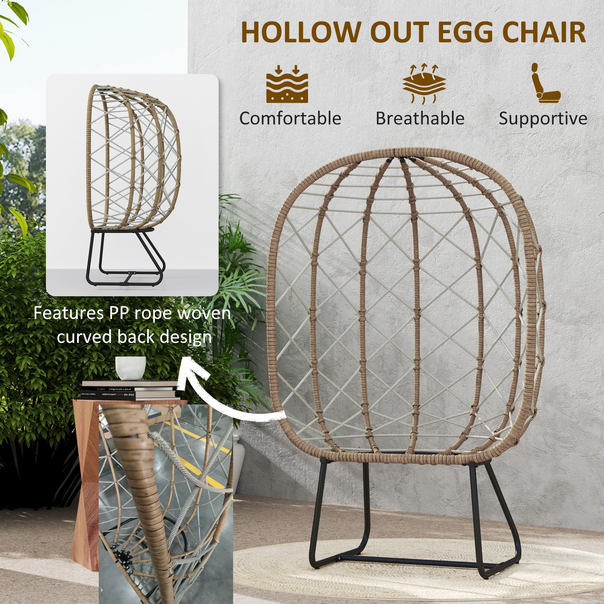 Outsunny Rattan Egg Chair Outdoor Indoor Wicker Chair with Thickened Cushion and Headrest, Standing Garden Egg Chair with Cup Holder, Metal Frame for Patio, Balcony, Brown - North Peak Garden Furniture