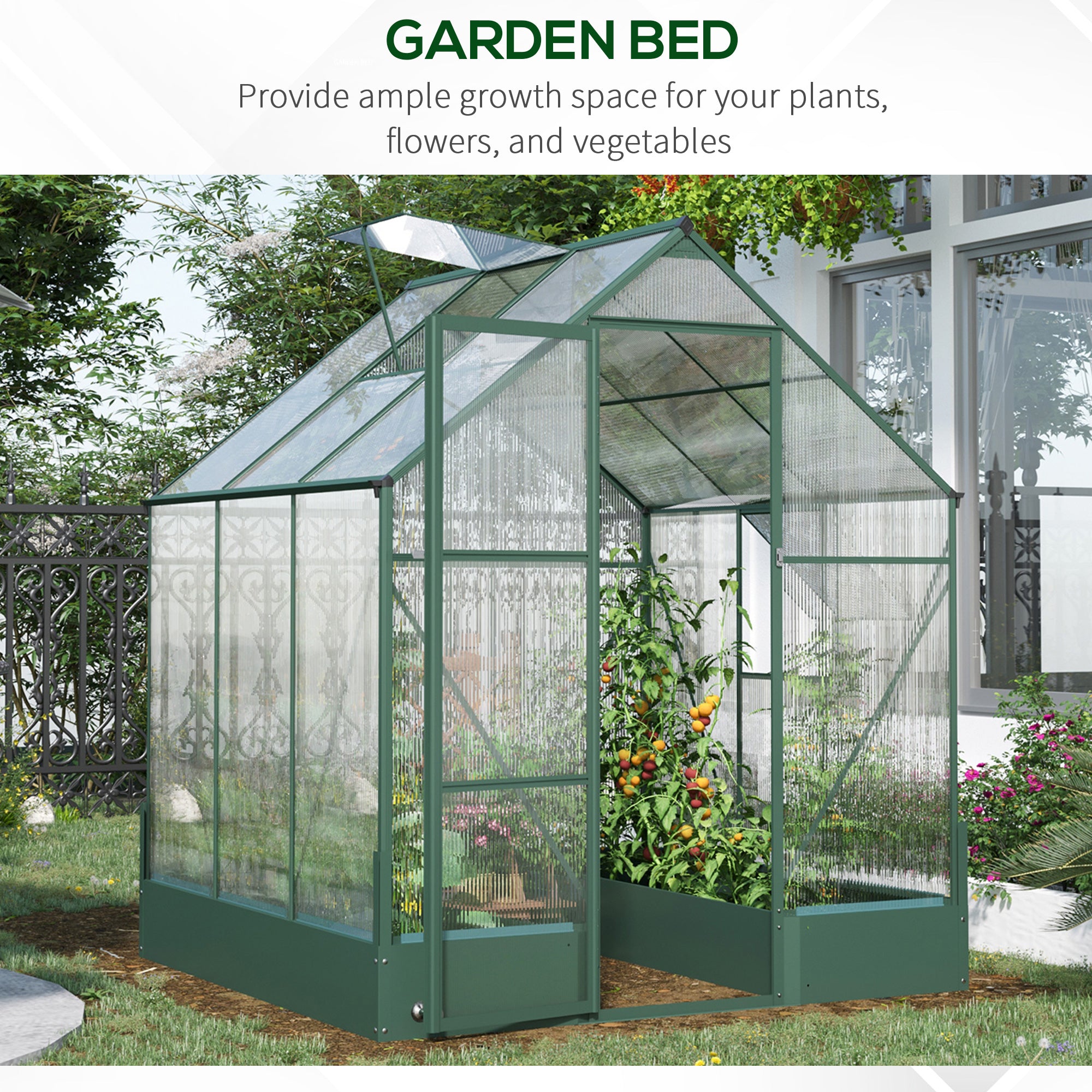 Outsunny Garden Walk-in Aluminium Greenhouse Polycarbonate with Plant Bed ,Temperature Controlled Window, Foundation, 6 x 6ft