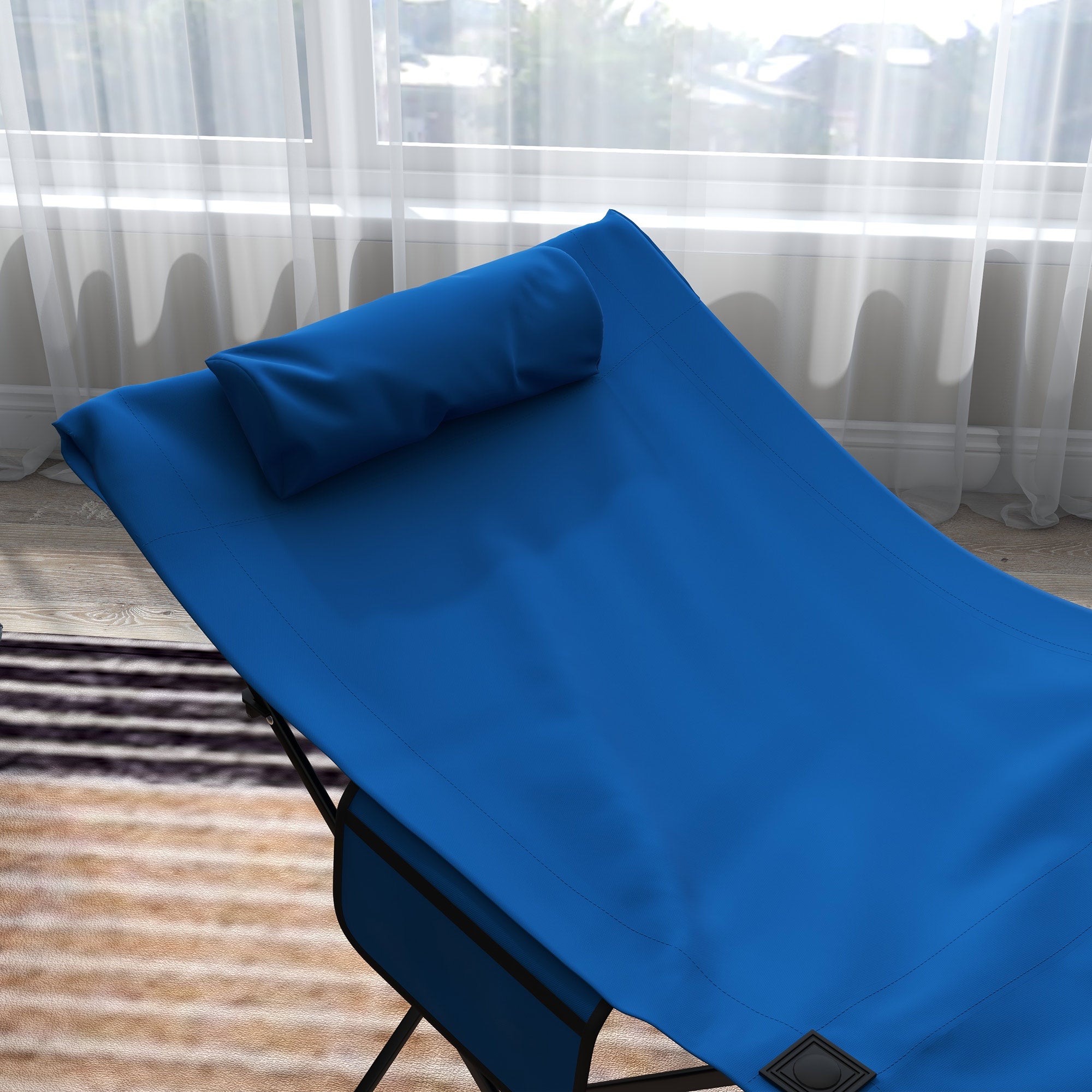 Outsunny Foldable Sun Lounger, Outdoor Tanning Sun Lounger Chair with Side Pocket, Headrest, Oxford Seat, for Beach, Yard, Patio, Dark Blue - North Peak Garden Furniture
