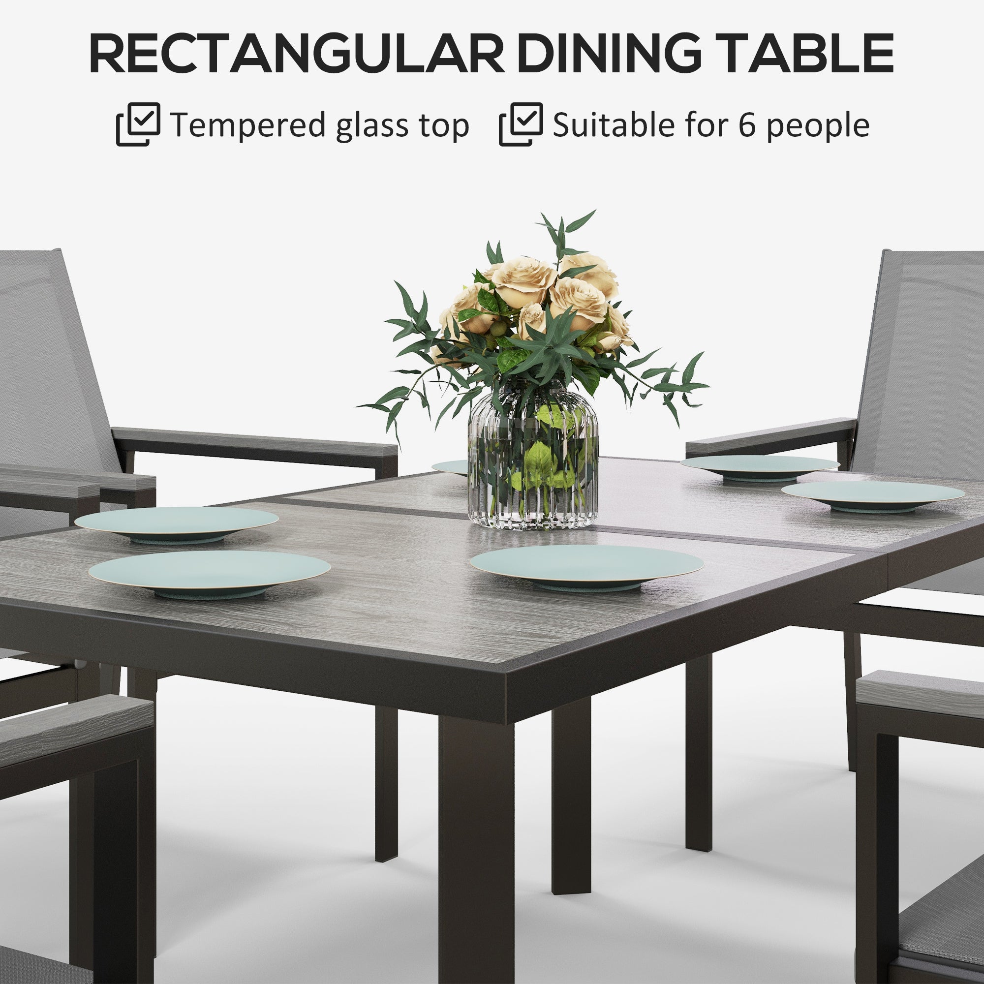 Outsunny Seven-Piece Metal Dining Set, with Glass-Top Table - Grey - North Peak Garden Furniture