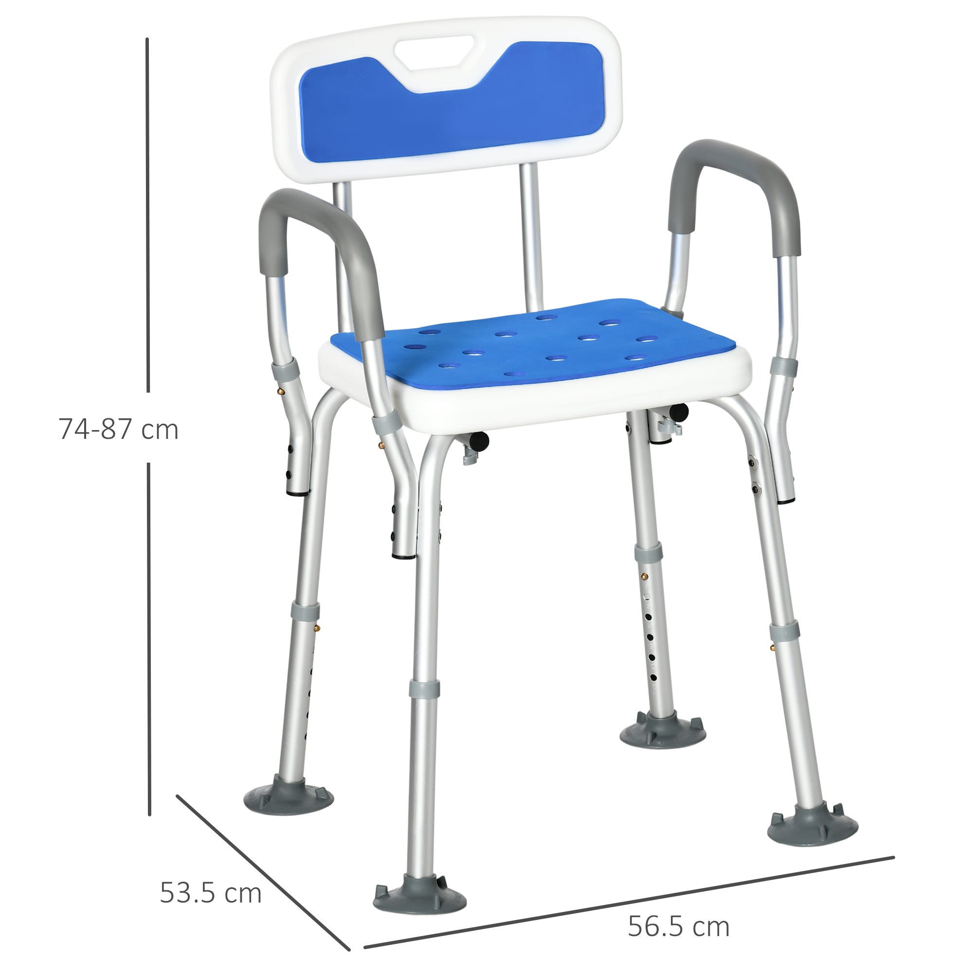 HOMCOM EVA Padded Shower Chair for the Elderly and Disabled, Height Adjustable Shower Stool with Back and Arms, 4 Suction Foot Pads, Blue