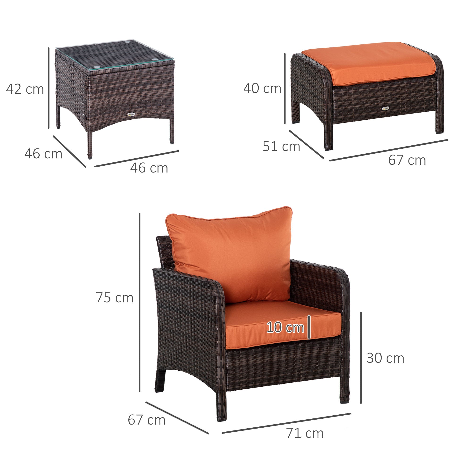 Outsunny 5 Pcs PE Rattan Garden Furniture Set, 2 Armchairs 2 Stools Glass Top Table Cushions Wicker Weave Chairs Outdoor Seating, Brown