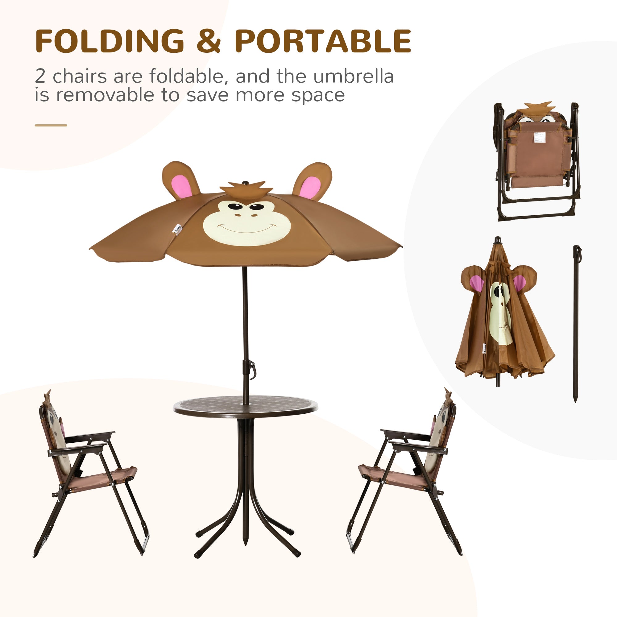 Outsunny Kids Bistro Table and Chair Set, Outdoor Folding Garden Furniture w/Monkey Design, Removable, Adjustable Sun Umbrella, Ages 3-6 Years - Brown - North Peak Garden Furniture