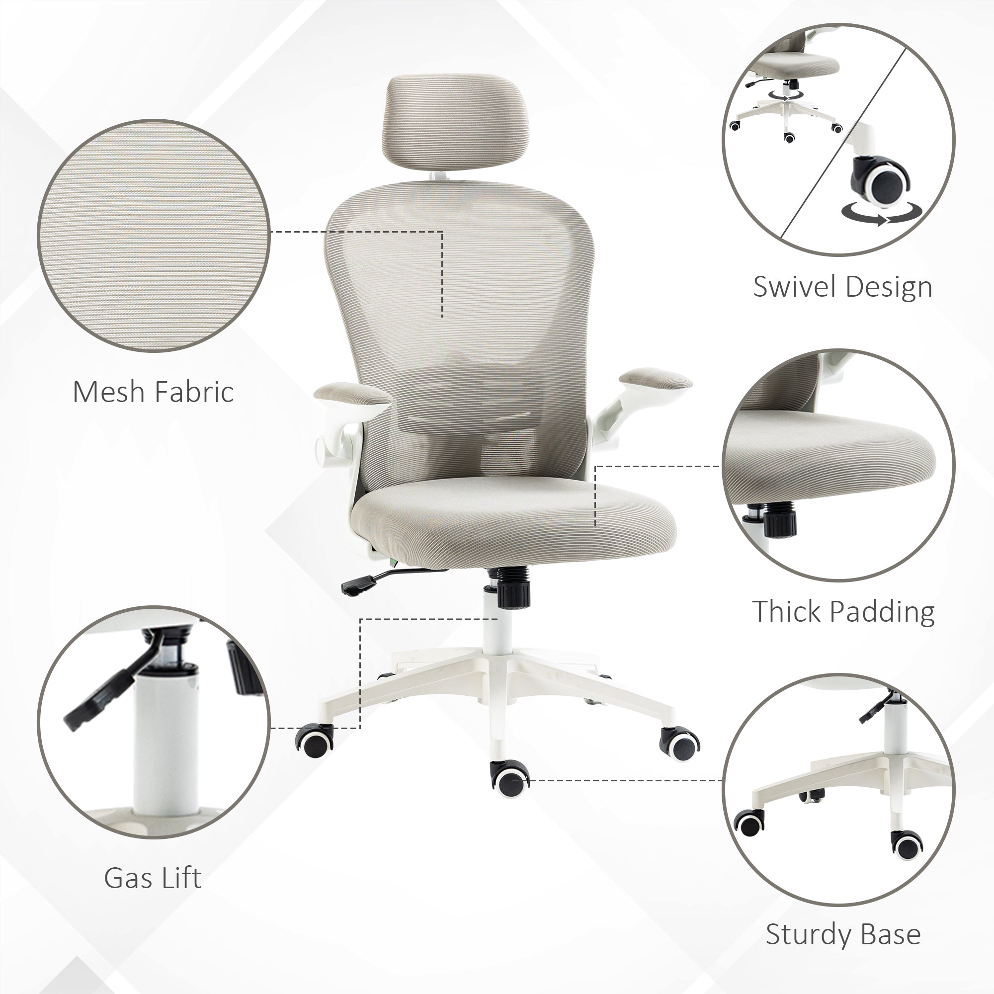 Vinsetto Multi-Adjustable Office Chair, with Lumbar Support, Headrest and Mesh Back - Grey - North Peak Garden Furniture