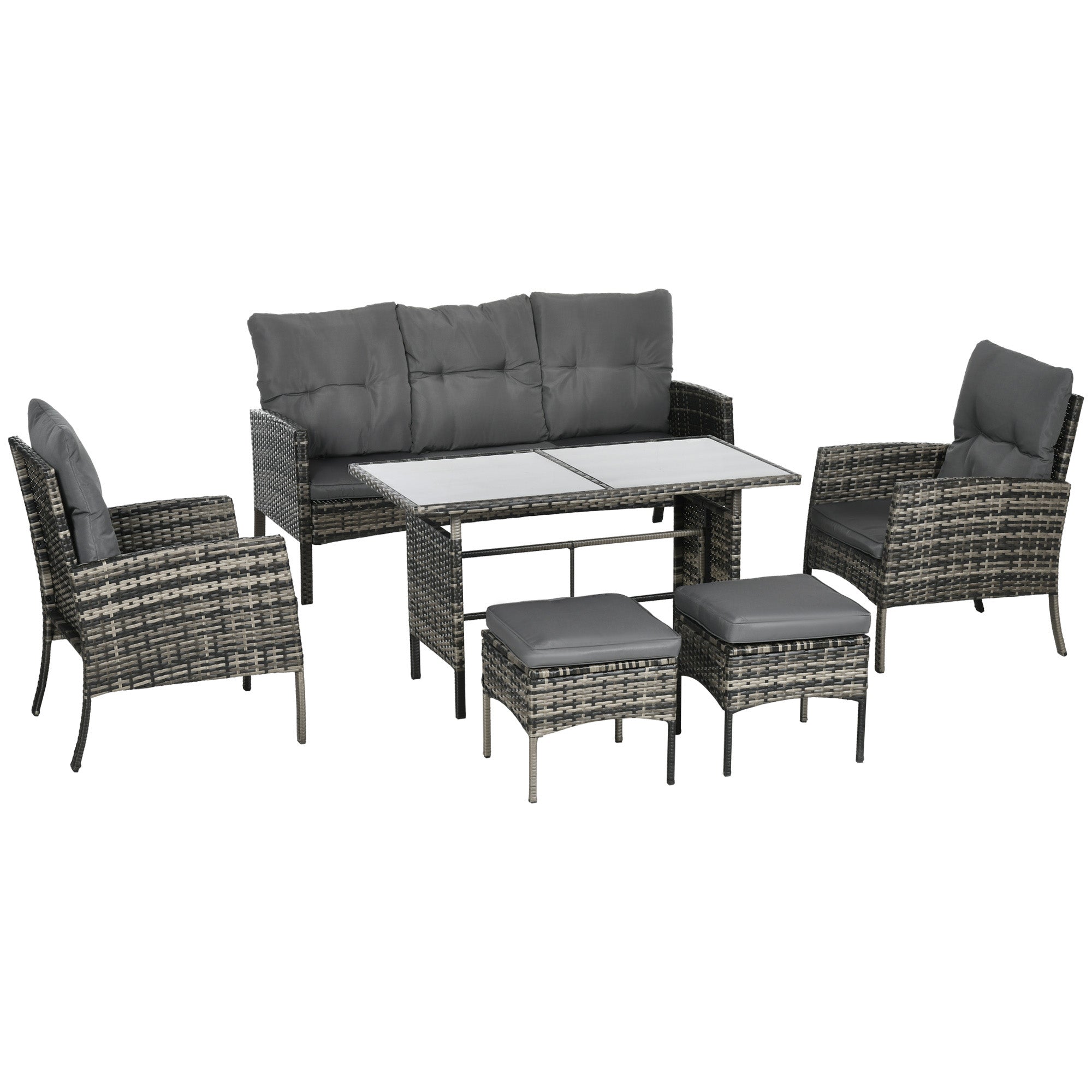 Outsunny 5 Seater Rattan Garden Furniture Set, 2 Armchairs, 3-seater Wicker Sofa, 2 Footstools and Glass Table, 6 Piece Patio Rattan furniture Sofa Sets with Cushions for Conservatory, Grey - North Peak Garden Furniture