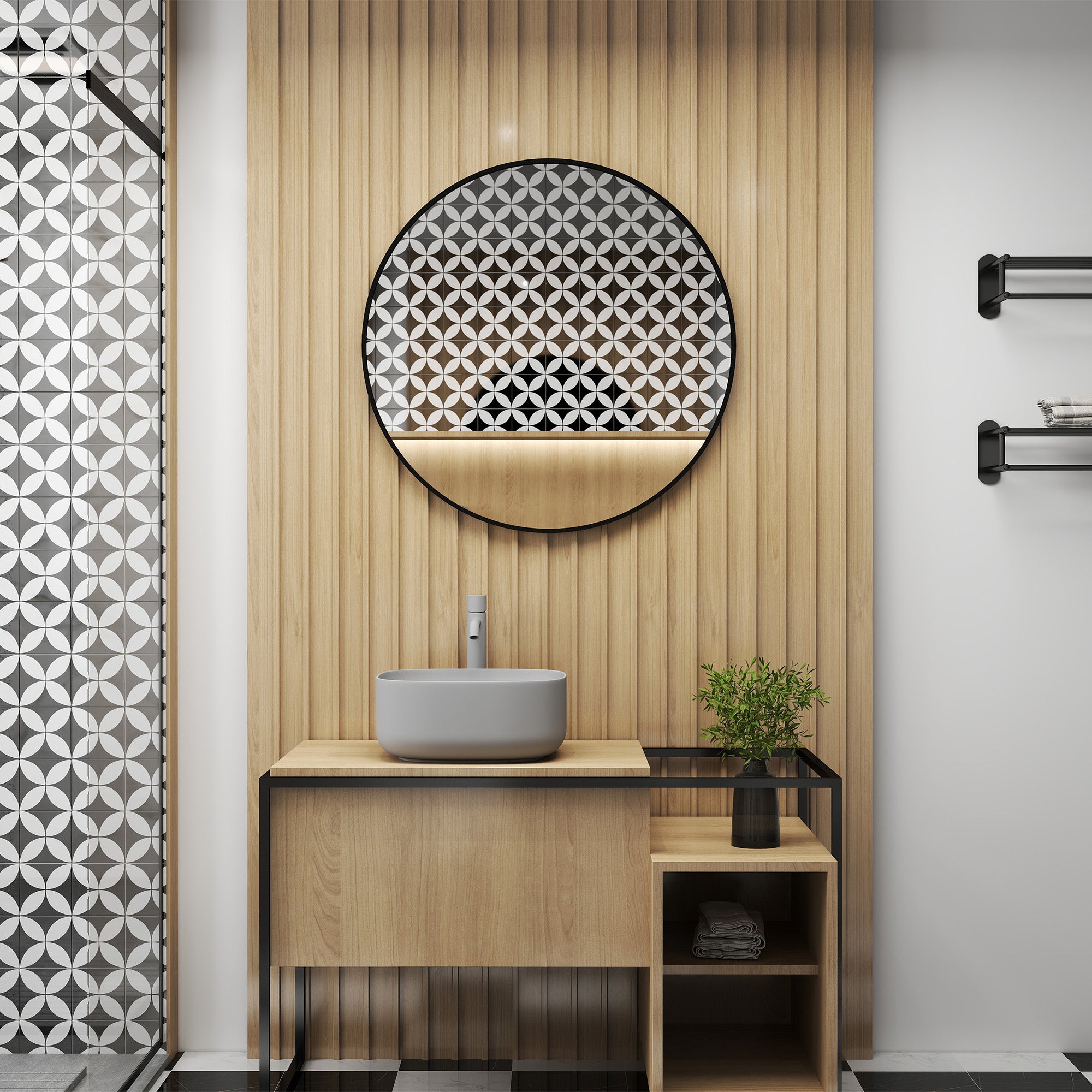 HOMCOM Round Bathroom Mirror, 70 x 70cm Steel Framed Wall Mirror, Decorative Mirror for Bedroom, Living Room, Entryway, Black - North Peak Garden Furniture