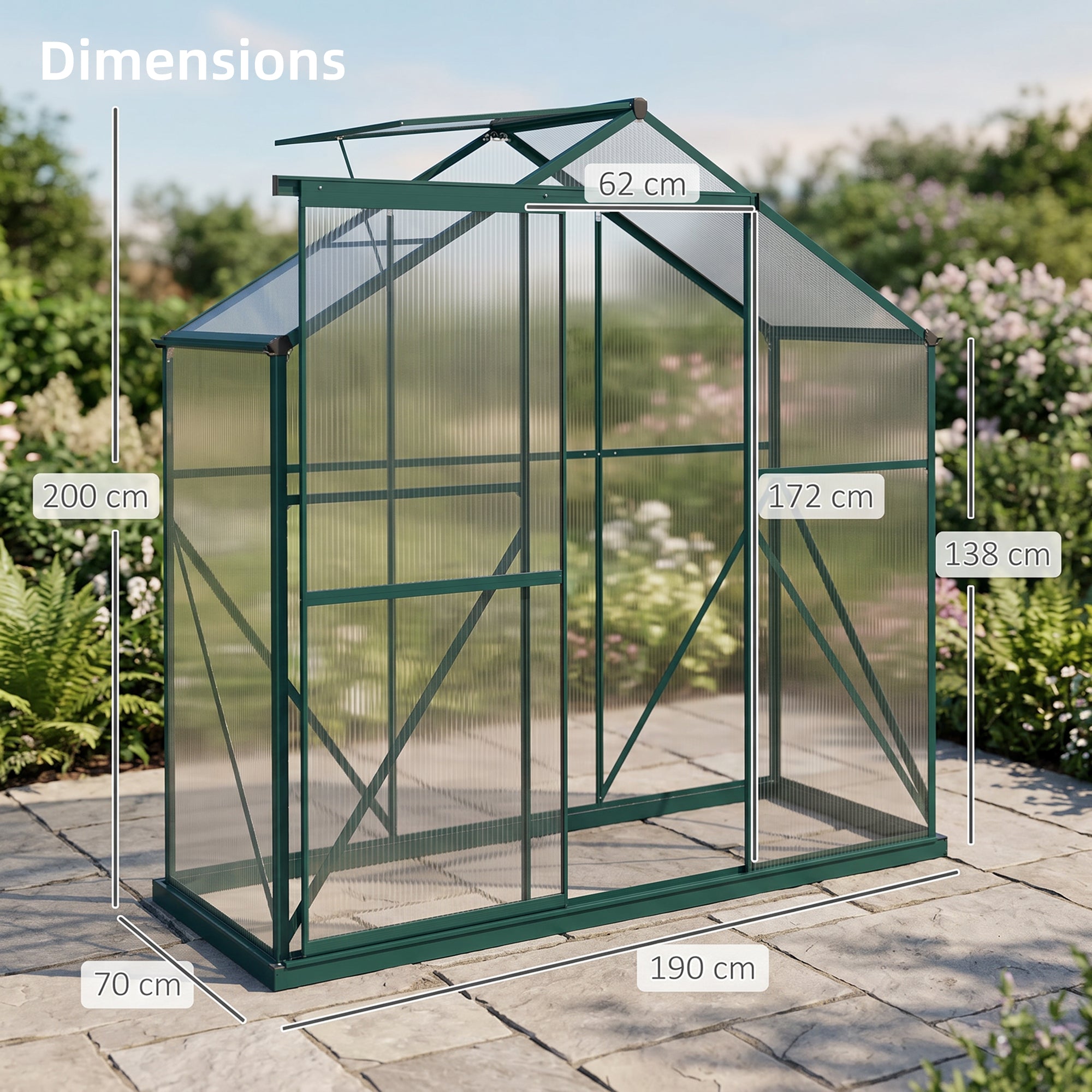 Outsunny 6 x 2.5ft Polycarbonate Greenhouse Walk-In Green House with Rain Gutter, Sliding Door, Window, Foundation, Green