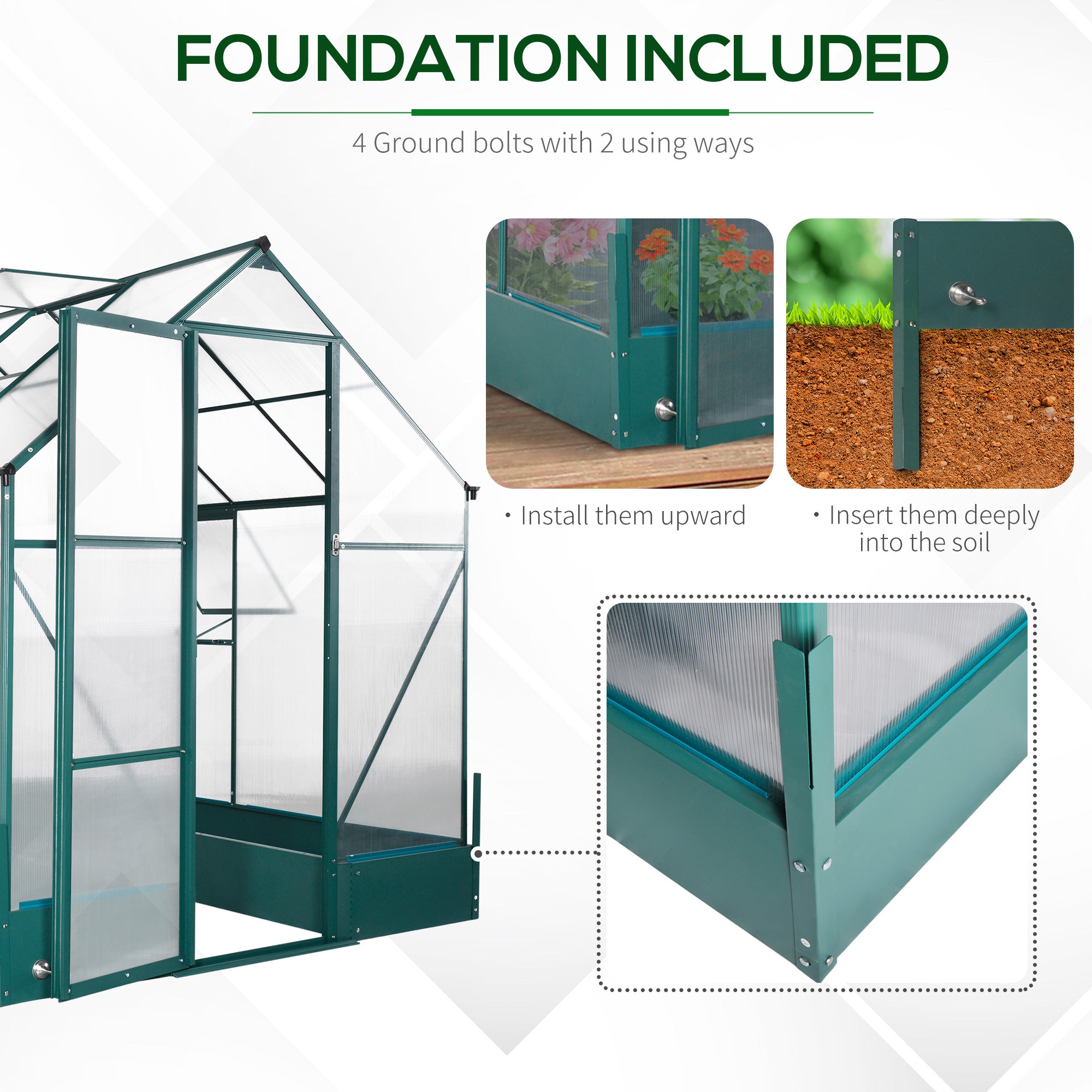 Outsunny Garden Walk-in Aluminium Greenhouse Polycarbonate with Plant Bed, Temperature Controlled Window, Foundation, 6 x 8ft - North Peak Garden Furniture