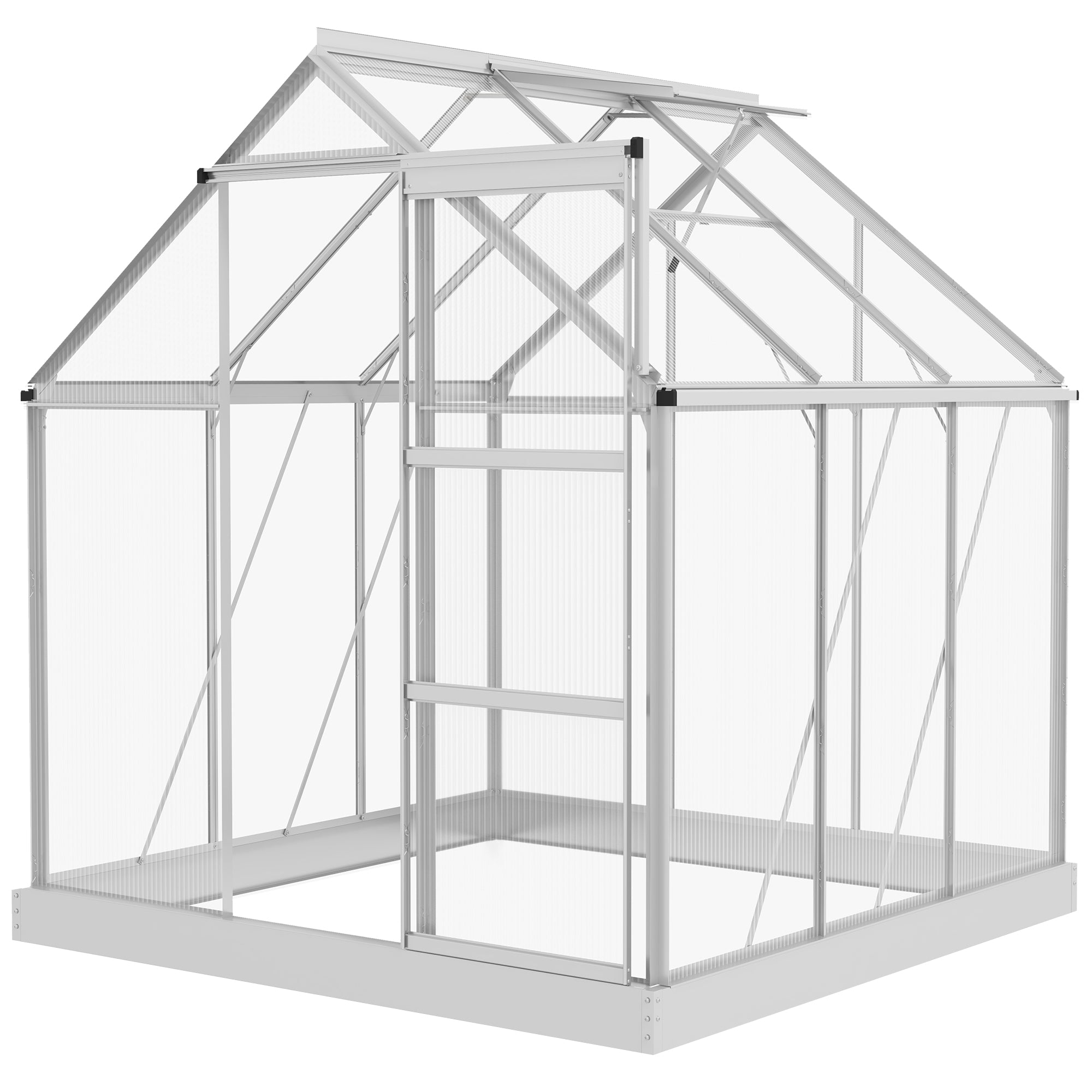 Outsunny 6 x 6ft Walk-In Greenhouse, Polycarbonate Greenhouse with Sliding Door, Window, Aluminium Frame, Foundation, Silver - North Peak Garden Furniture