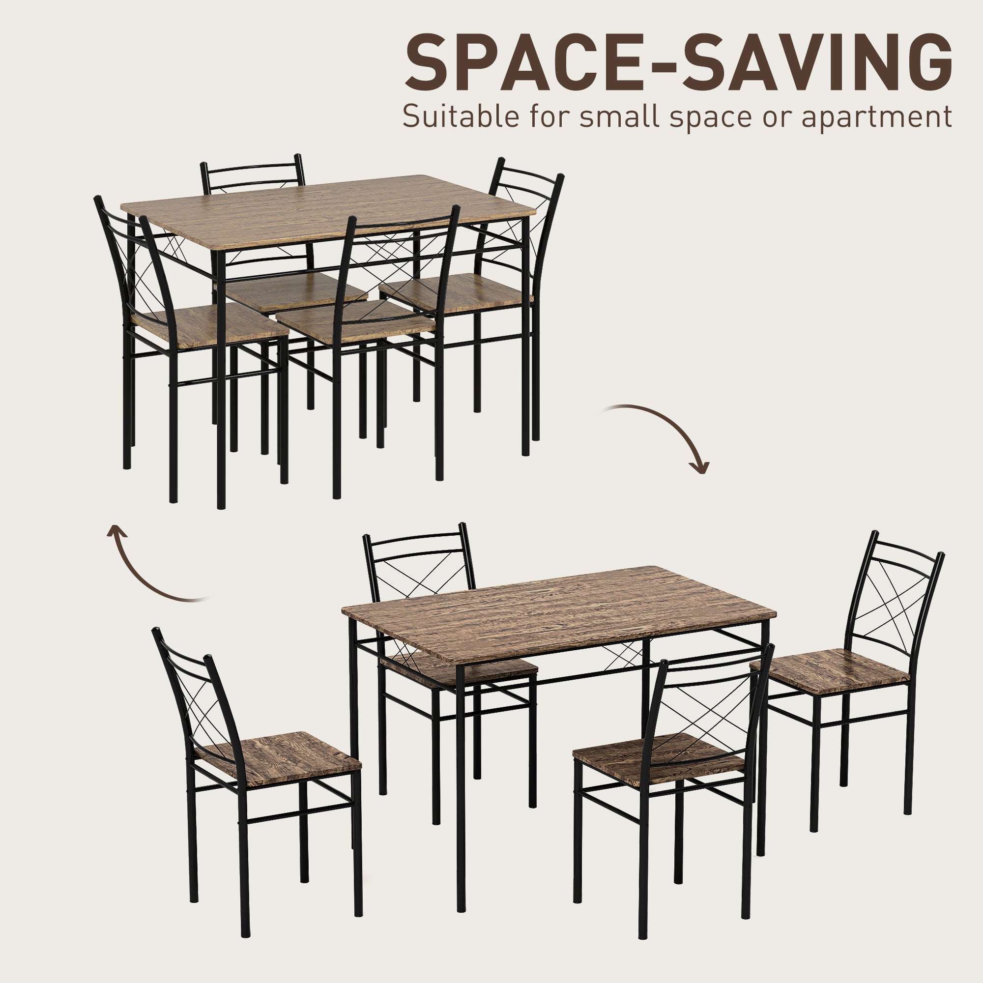 HOMCOM Modern Dining Table Set for 4, Space-Saving 5 Pieces Kitchen Table Set with Rectangle Table and Steel Frame, Oak - North Peak Garden Furniture