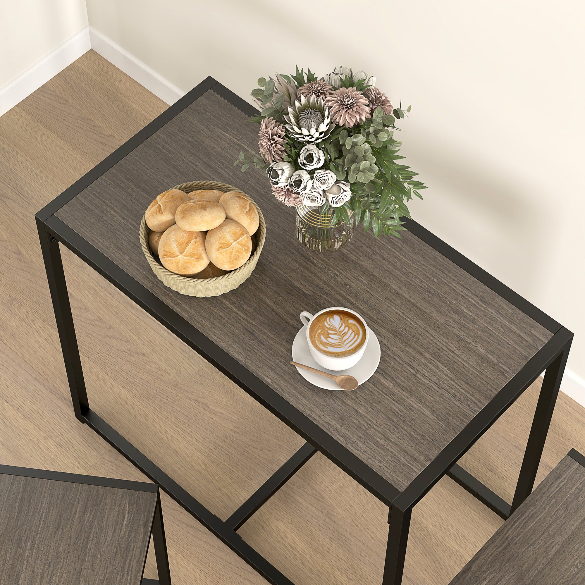 HOMCOM Dining Table and Chairs Set 2, Dining Room Sets, Rectangular Space Saving Table and 2 Chairs for Compact Kitchens, Steel Frame, Grey Wood-Effect - North Peak Garden Furniture