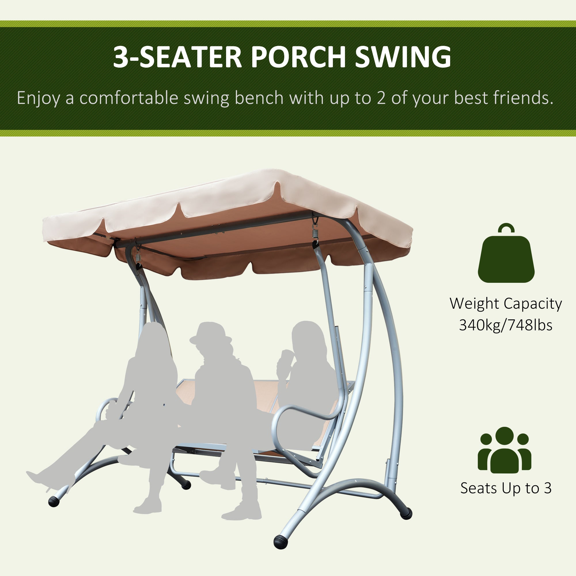 Outsunny 3 Seater Garden Swing Seat Bench Steel Swing Chair with Adjustable Canopy for Outdoor Patio Porch - Beige - North Peak Garden Furniture