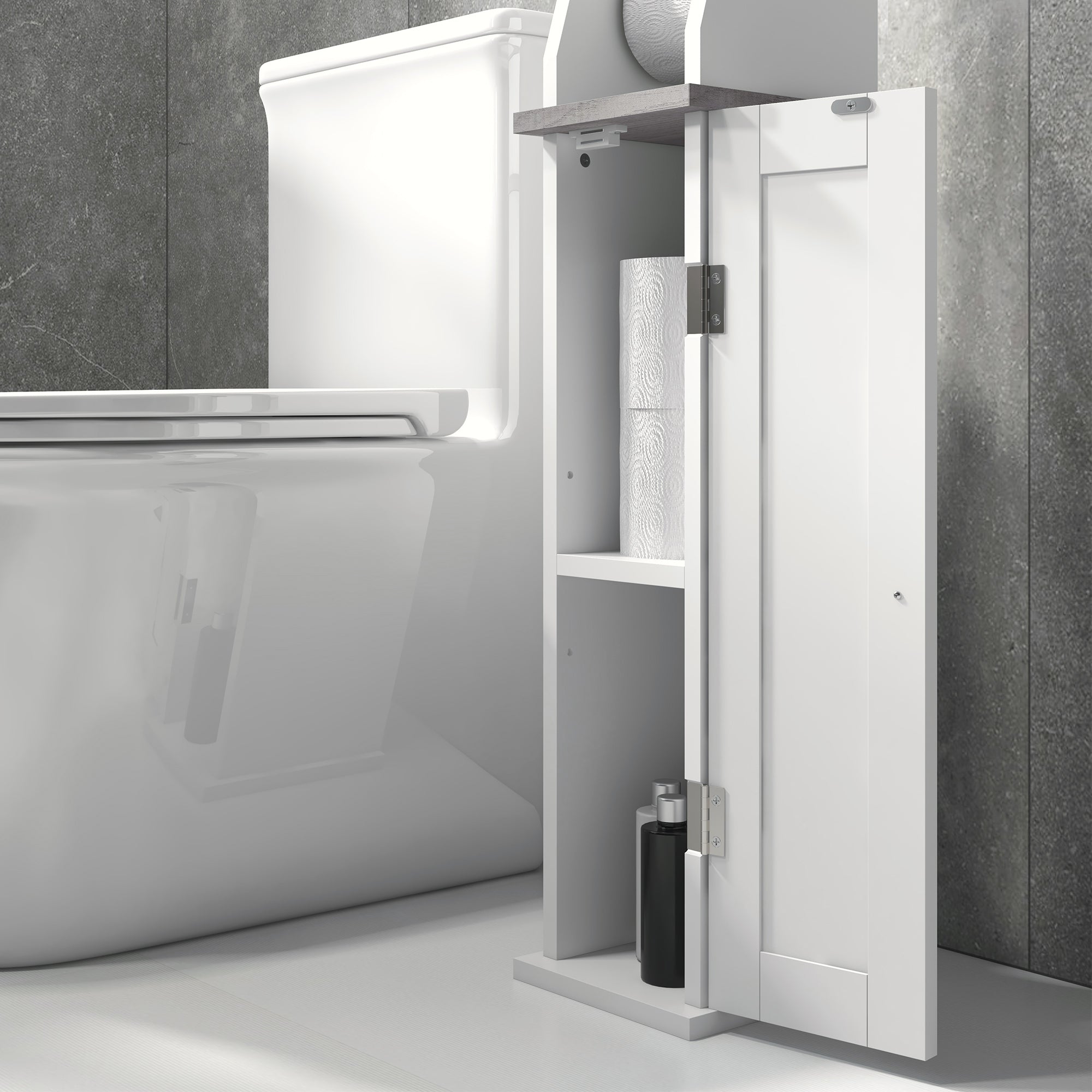 kleankin Slim Bathroom Floor Cabinet with Cupboard, Roll Holder and Adjustable Shelf, Toilet Roll Storage Unit for Toilet Paper, Shampoo, White - North Peak Garden Furniture