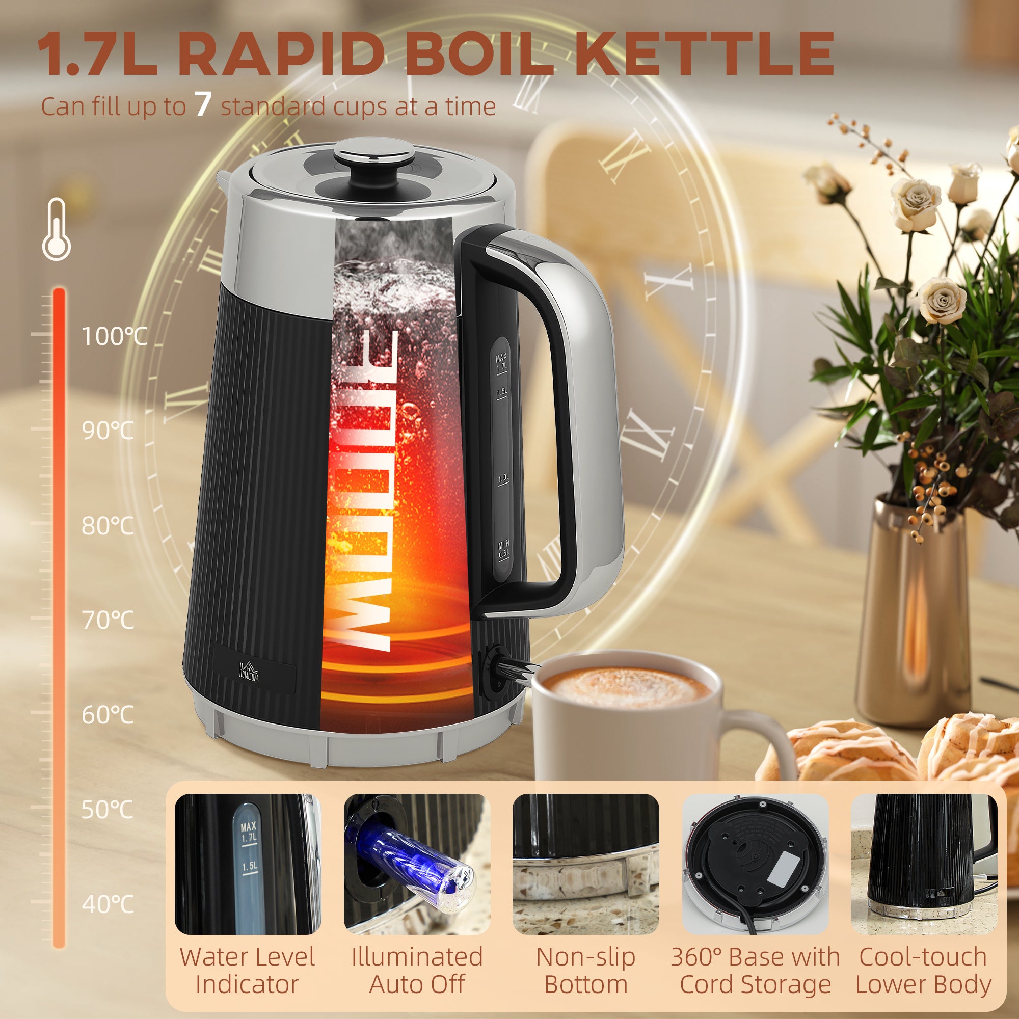 HOMCOM Electric Kettle and Toaster Set, 3000W 1.7L UK Strix Thermostat Rapid Boil Jug Kettle with Limescale Filter, Cool Touch Body, 4 Slice Toaster with 7 Browning Controls, Crumb Tray, Black