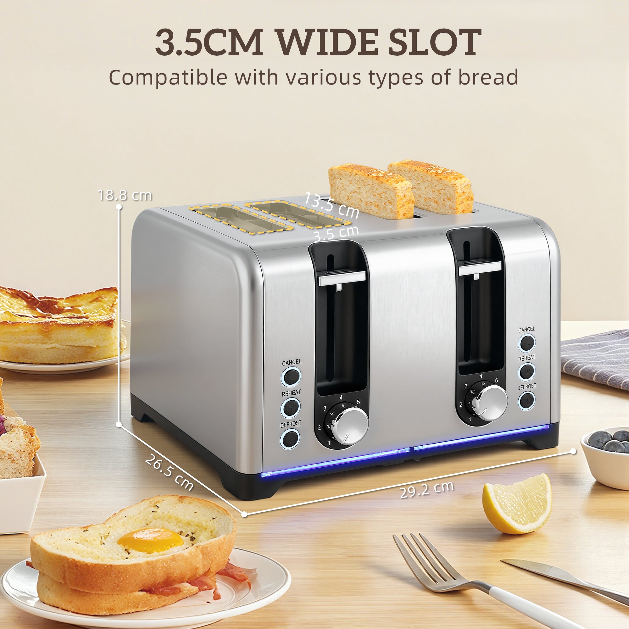 HOMCOM Kettle and Toaster Set, 1.7L 3000W Rapid Boil Jug Kettle with Strix Thermostat, Limescale Filter, 4 Slice Toaster with 7 Browning Controls, Crumb Tray, Silver Tone