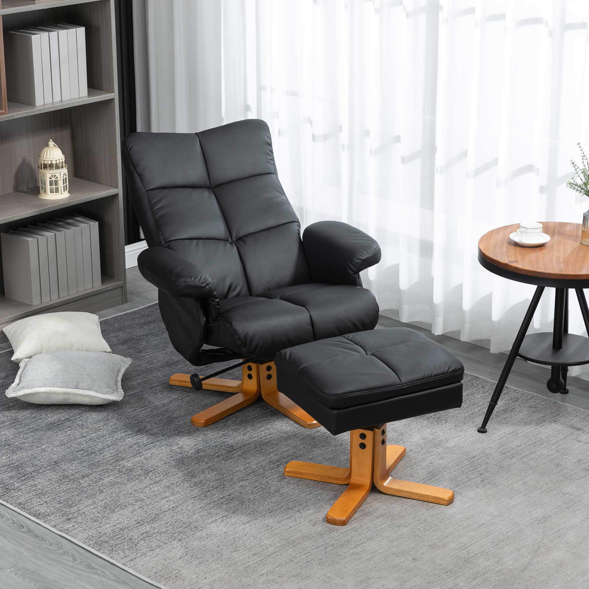 HOMCOM Recliner Armchair, Swivel Reclining Chair With Ottoman, Swivel Faux Leather Chair with Wooden Base and Storage Footstool for Living Room, Black - North Peak Garden Furniture