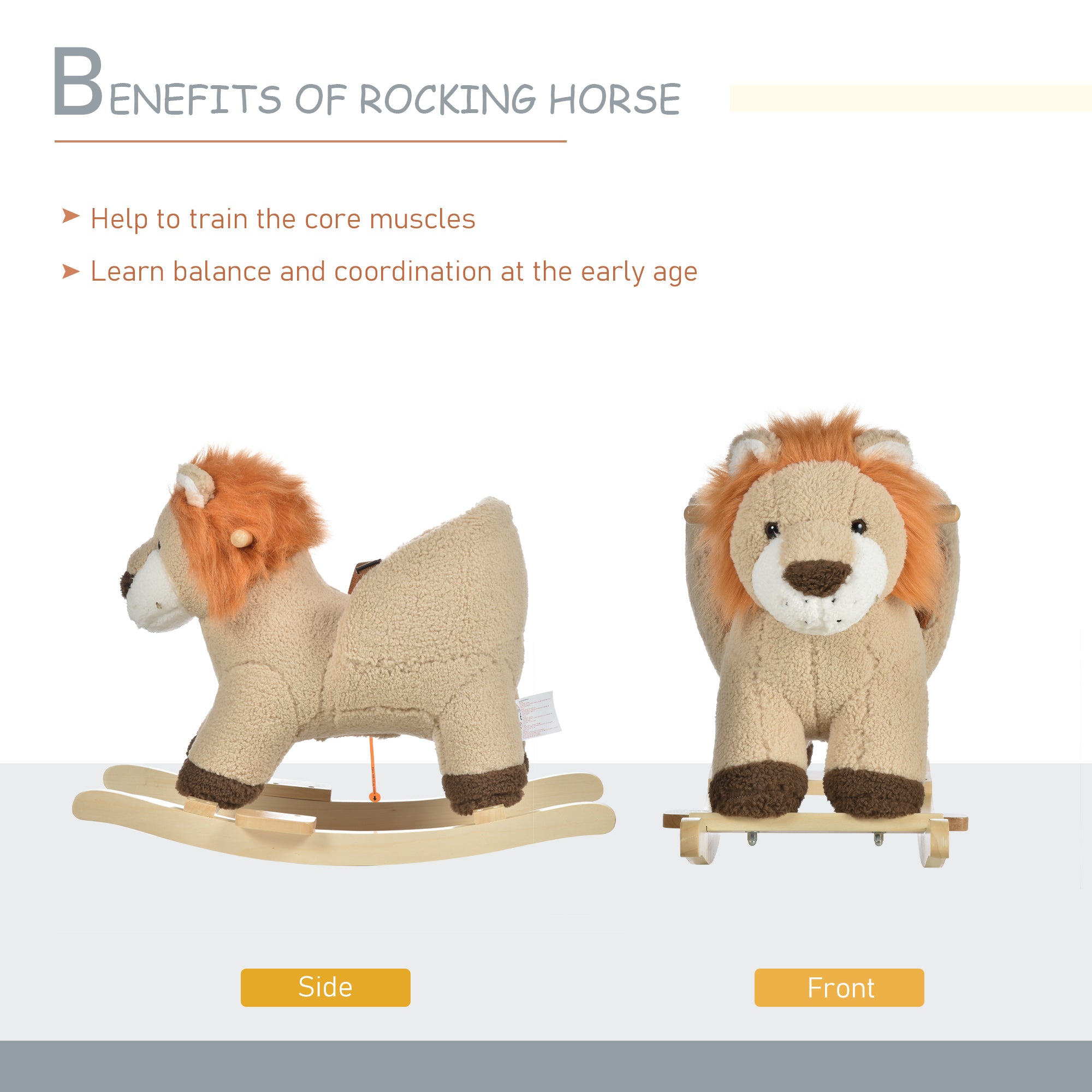 HOMCOM Kids Children Rocking Horse Plush Ride On Lion Seat w/ Sound Wood Base Seat Safety Belt Toddler Baby Toy for 18-36 Months Brown - North Peak Garden Furniture