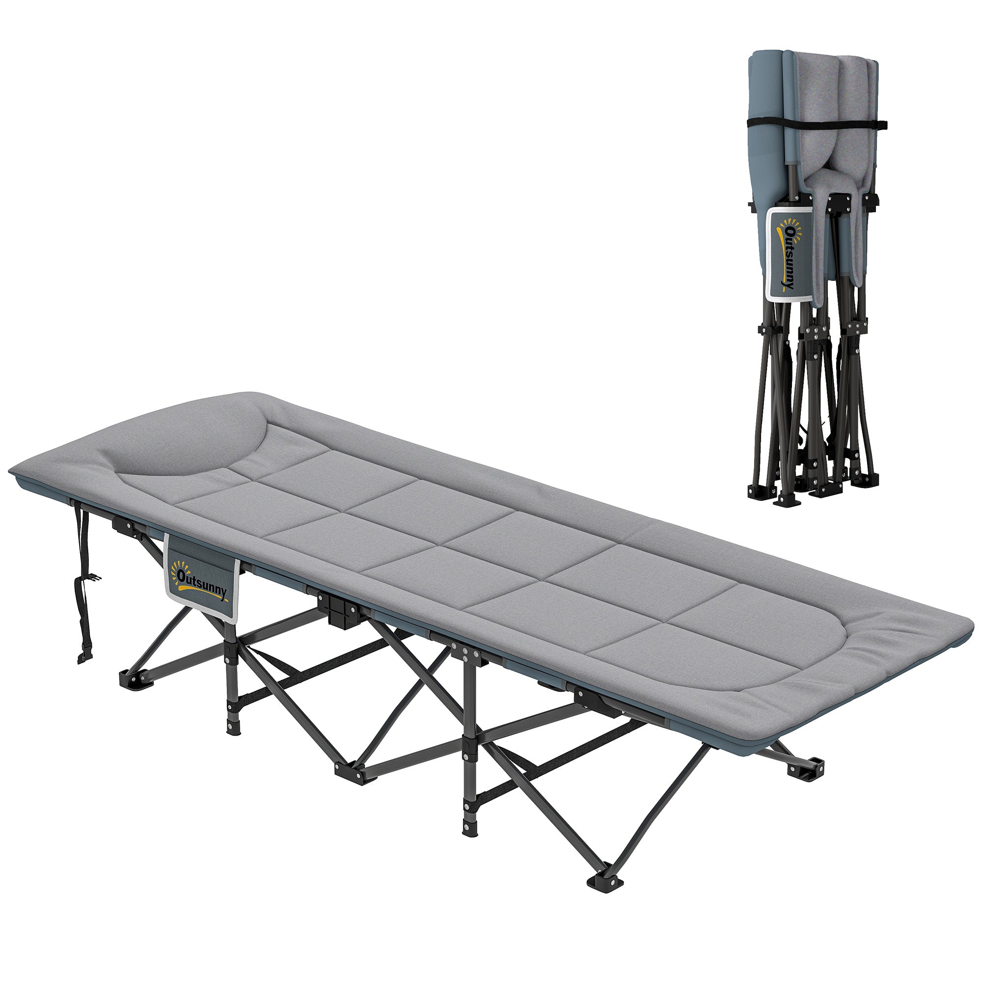Outsunny Folding Camping Bed for Adults with Cushion, Heavy Duty Portable Travel Camping Cot with Headrest, Side Pocket and Non-Slip Foot Pads for Outdoor Beach Travel Office, Grey - North Peak Garden Furniture