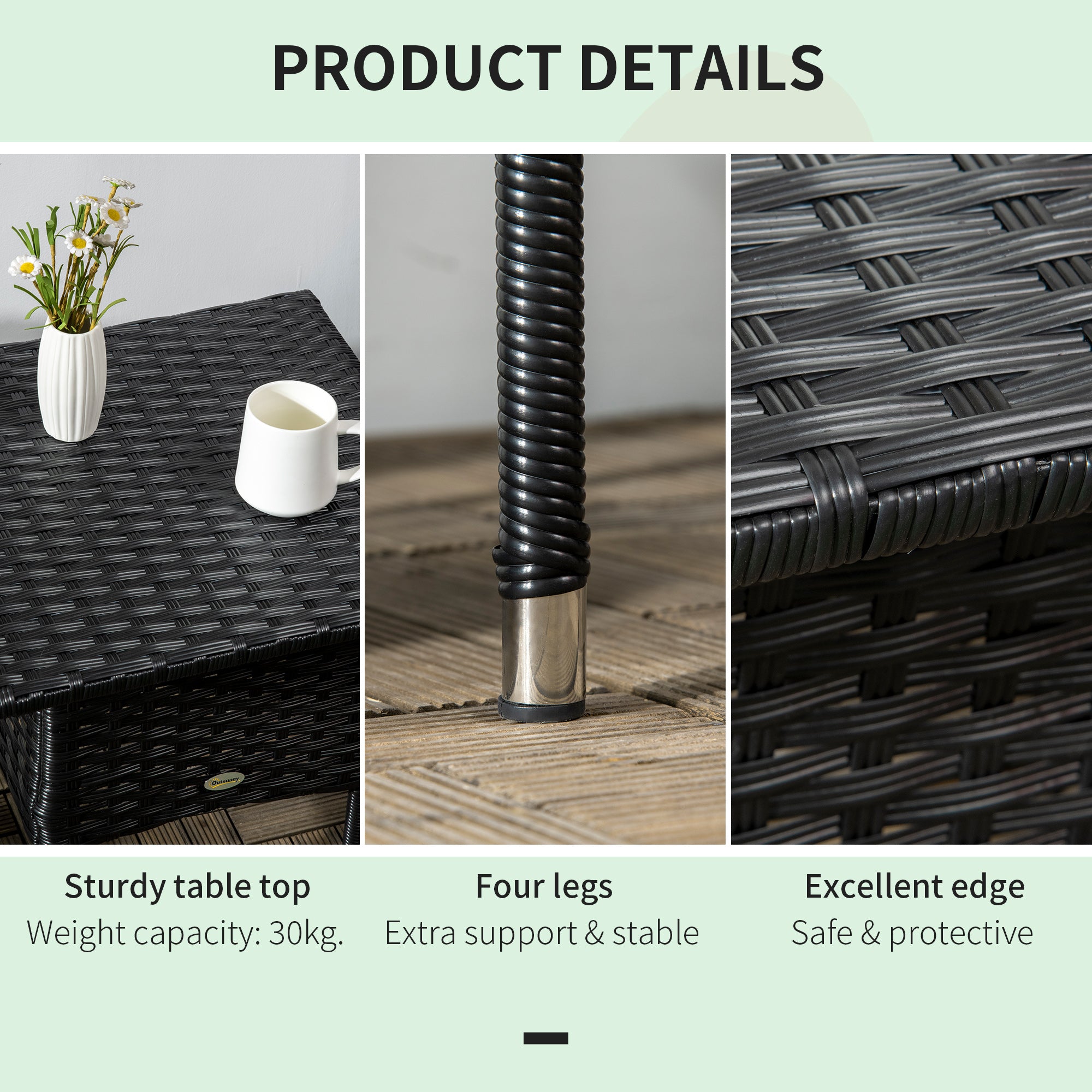 Outsunny Rattan Side Table, Outdoor Coffee Table with Plastic Board Under the Full Woven Table Top for Patio, Garden, Balcony, Black - North Peak Garden Furniture