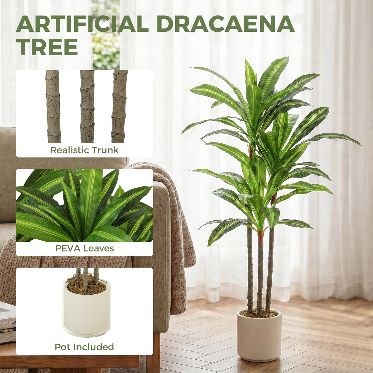 HOMCOM 90cm Lifelike Fake Tree, Artificial Dracaena Tree with Bendable Trunks, Green