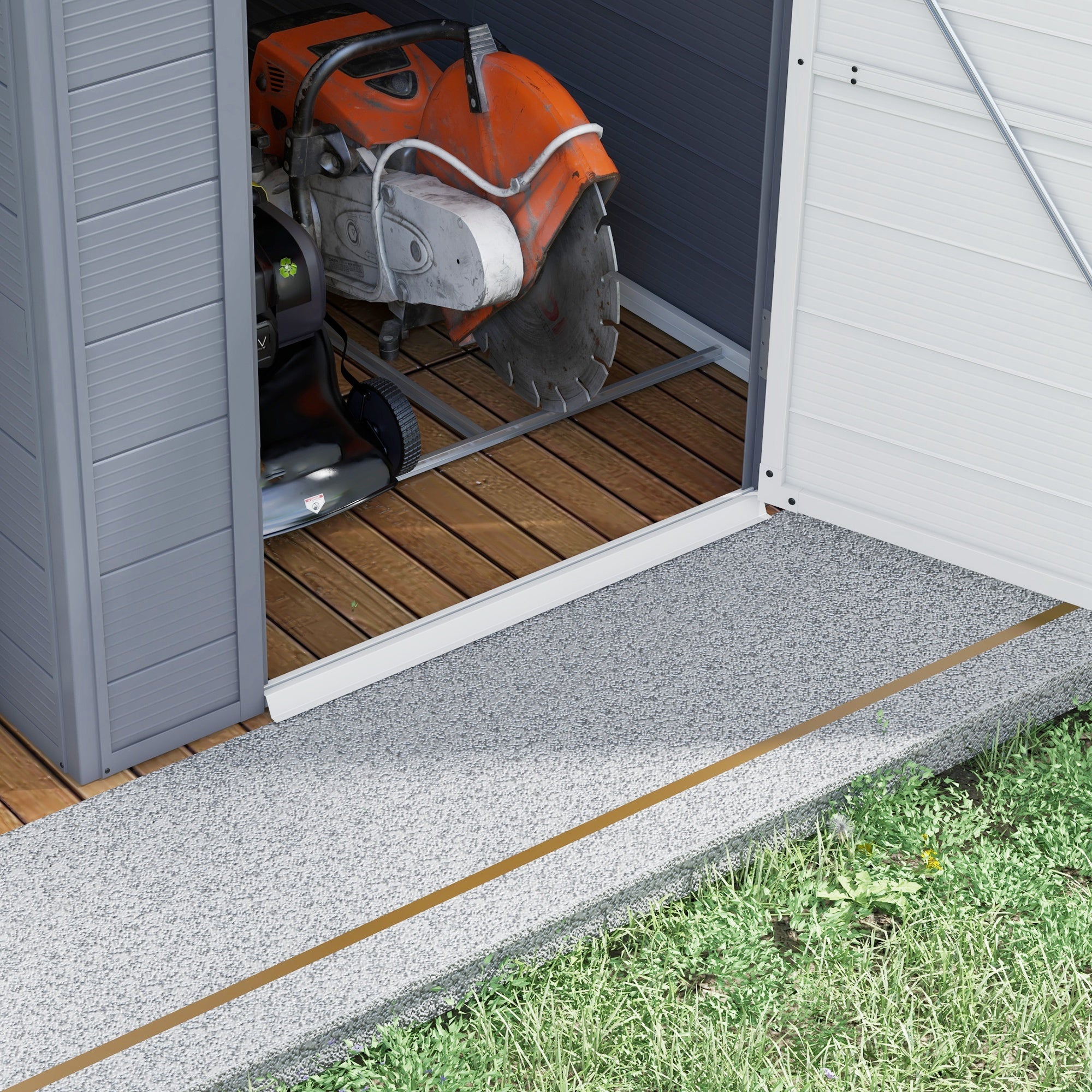 Outsunny 4.4ft x 6.2ft Aluminium Frame and Plastic Wall Shed, with Foundation - Grey - North Peak Garden Furniture