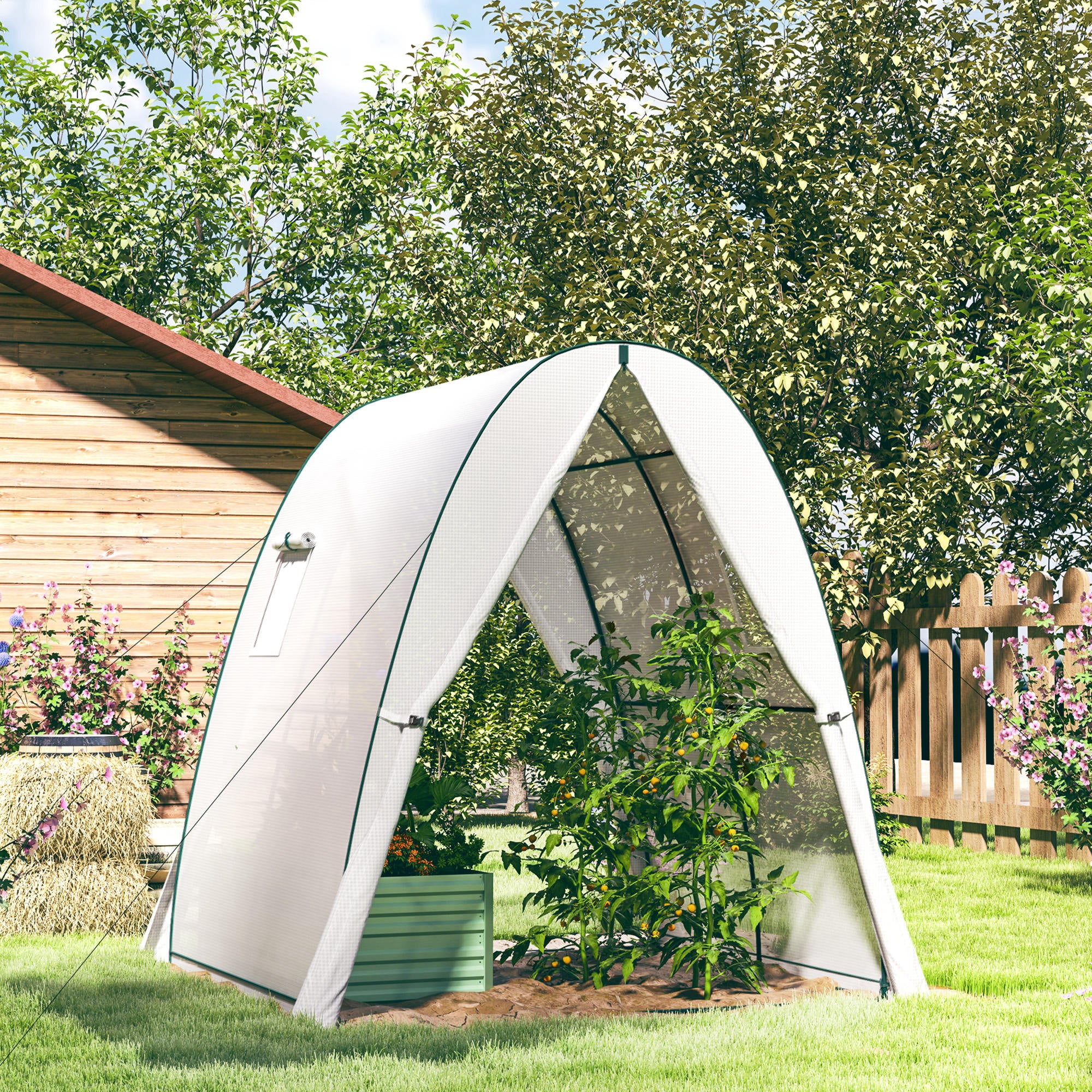 Outsunny Hoop House Greenhouse with Sandbags, Walk-In Tunnel Green House with 2 Doors and Screen Windows, 1.8 x 1.8 x 2m, White