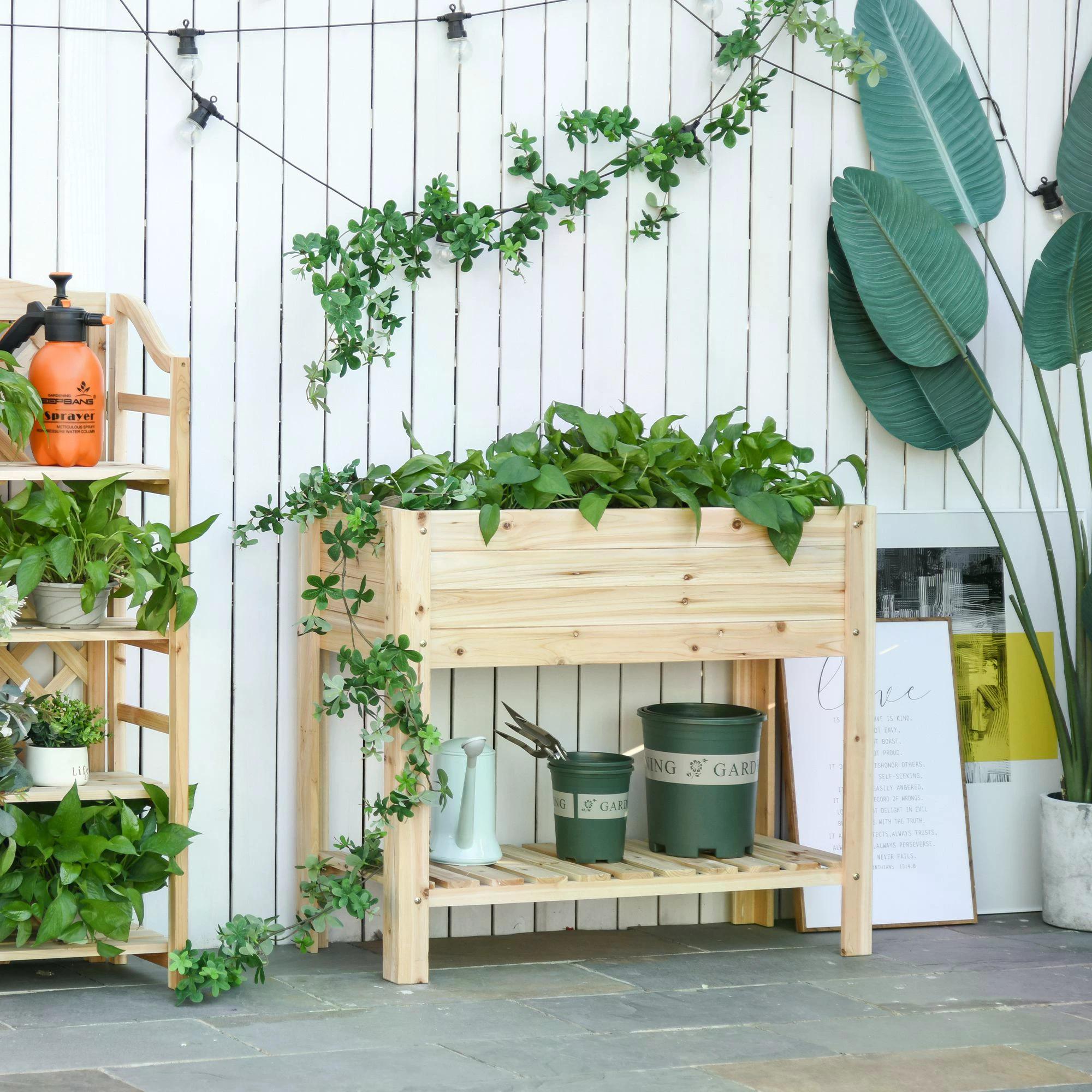 Outsunny Raised Planter Bed: Tall Wooden Garden Stand with Clapboard Sides, Natural Wood Finish, 100 x 40 x 84cm