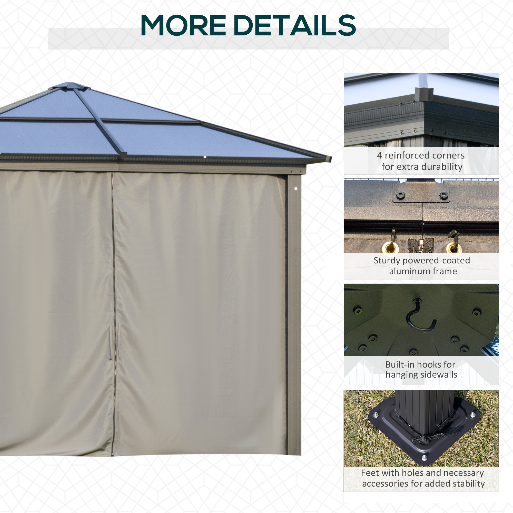Outsunny 3 x 3(m) Hardtop Gazebo Canopy with Polycarbonate Roof, Aluminium Frame, Permanent Pavilion Garden Gazebo with Netting and Curtains for Patio, Deck, Dark Grey - North Peak Garden Furniture