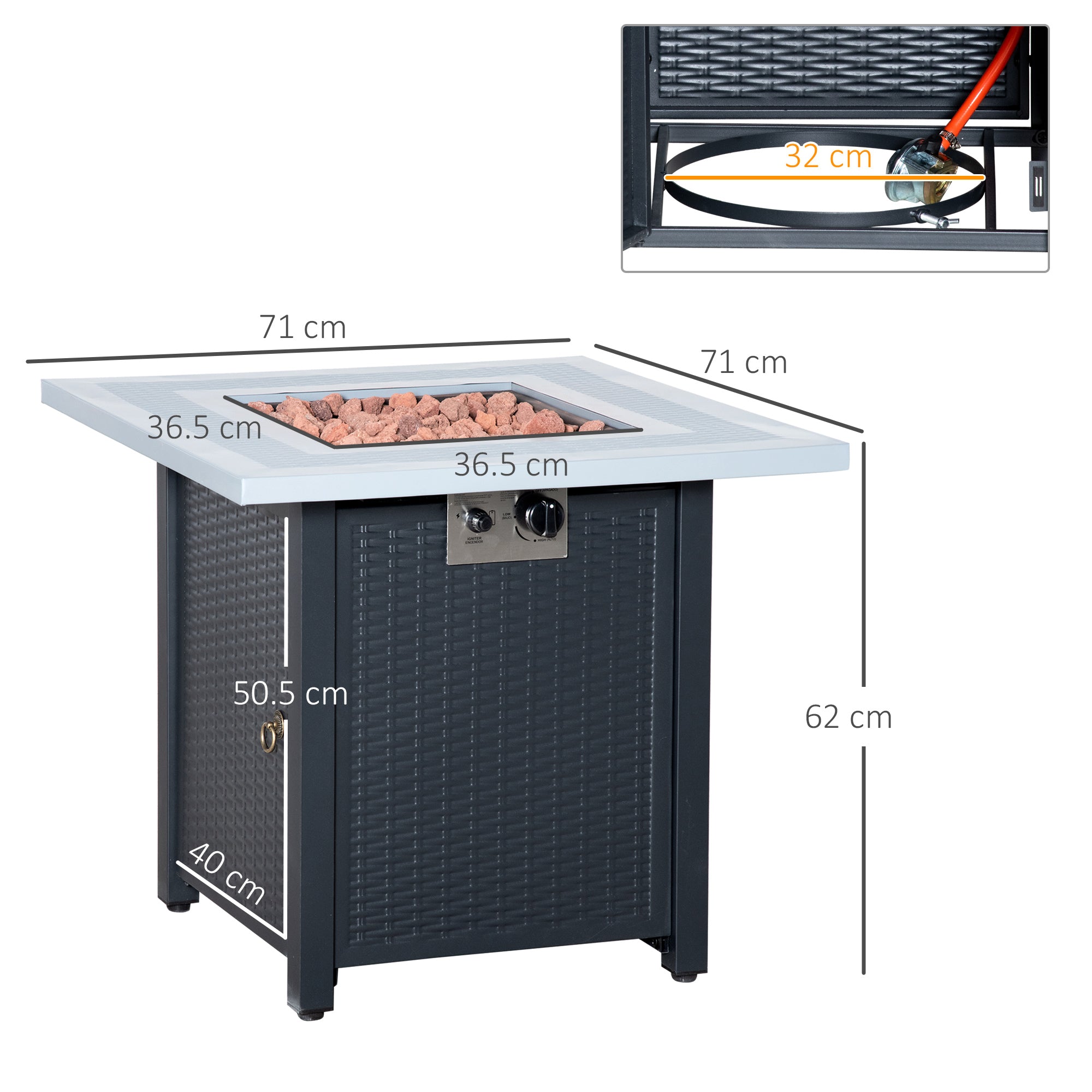 Outsunny Square Propane Gas Fire Pit Table, 40000 BTU Rattan Smokeless Firepit Patio Heater with Lava Rocks and Lid, 71cm x 71cm x 62cm, Black - North Peak Garden Furniture