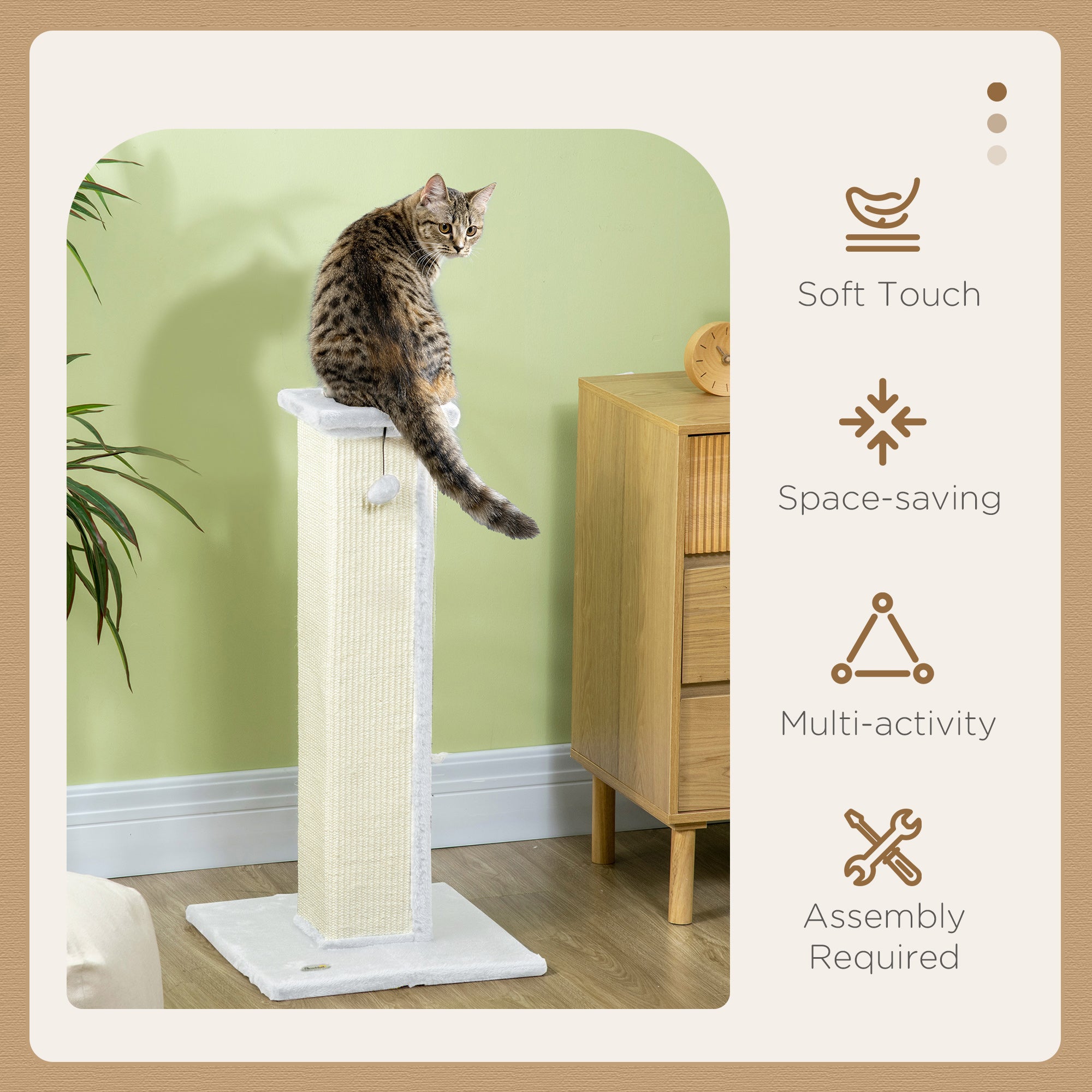 PawHut 81cm Cat Scratcher, Vertical Full Scratcher w/ Natural Sisal Rope, Hanging Ball, Soft Plush - White